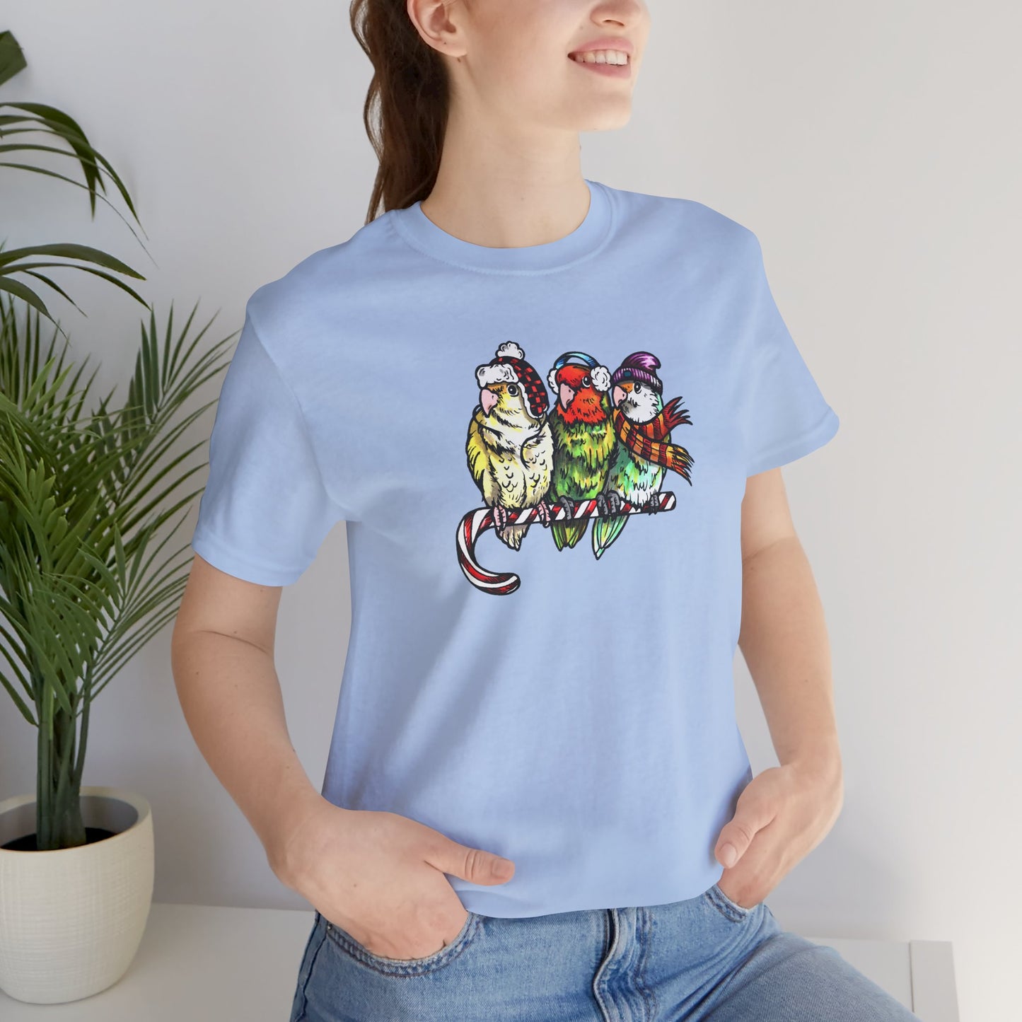 3 Lovebirds in Winter Wear & Perched on a Candy Cane, Tee
