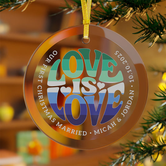 Custom Glass Love is Love Gay Men 5-Stripe Pride 3.5" Circle Ornaments