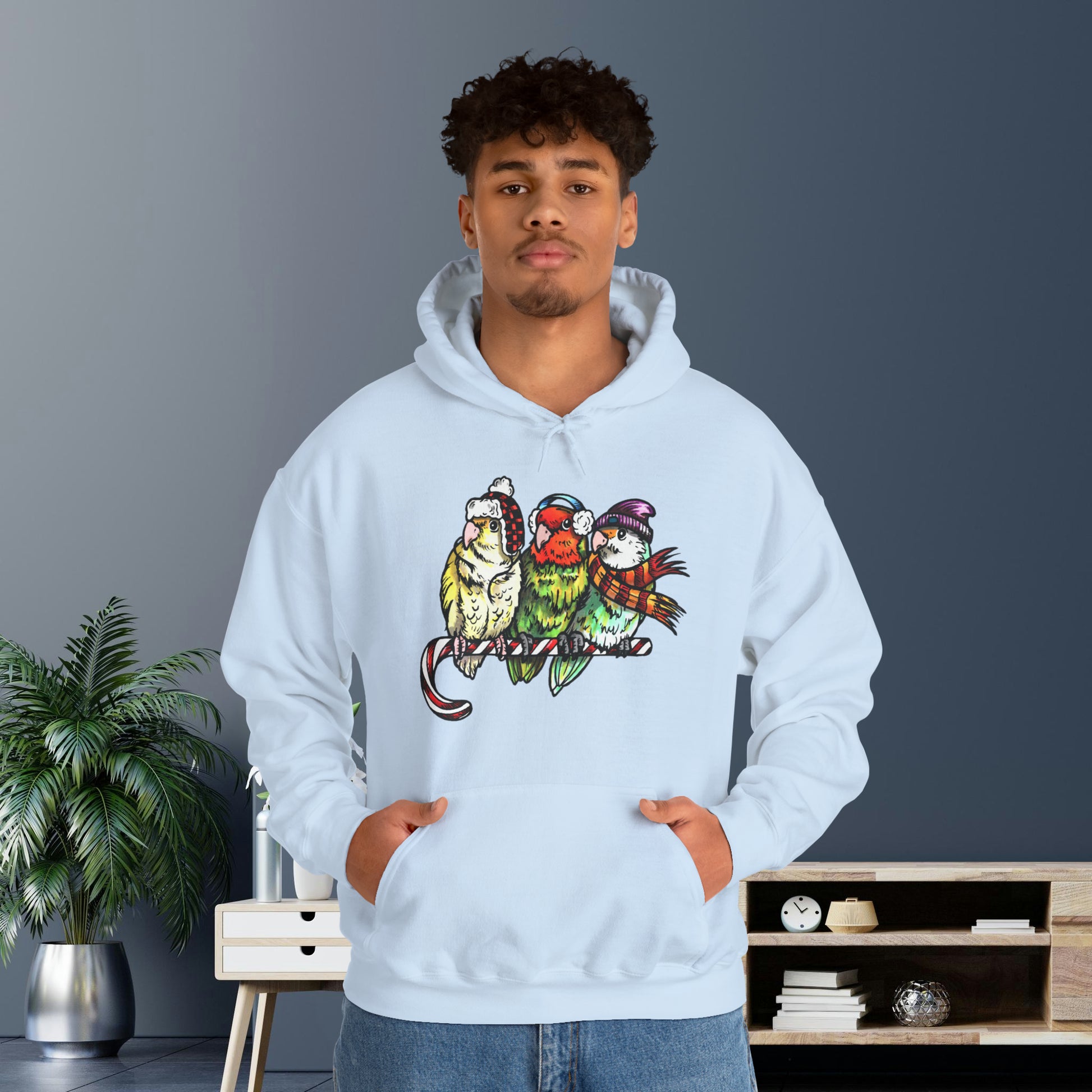 3 Lovebirds with Winter Wear & Perched on a Candy Cane Hoodie