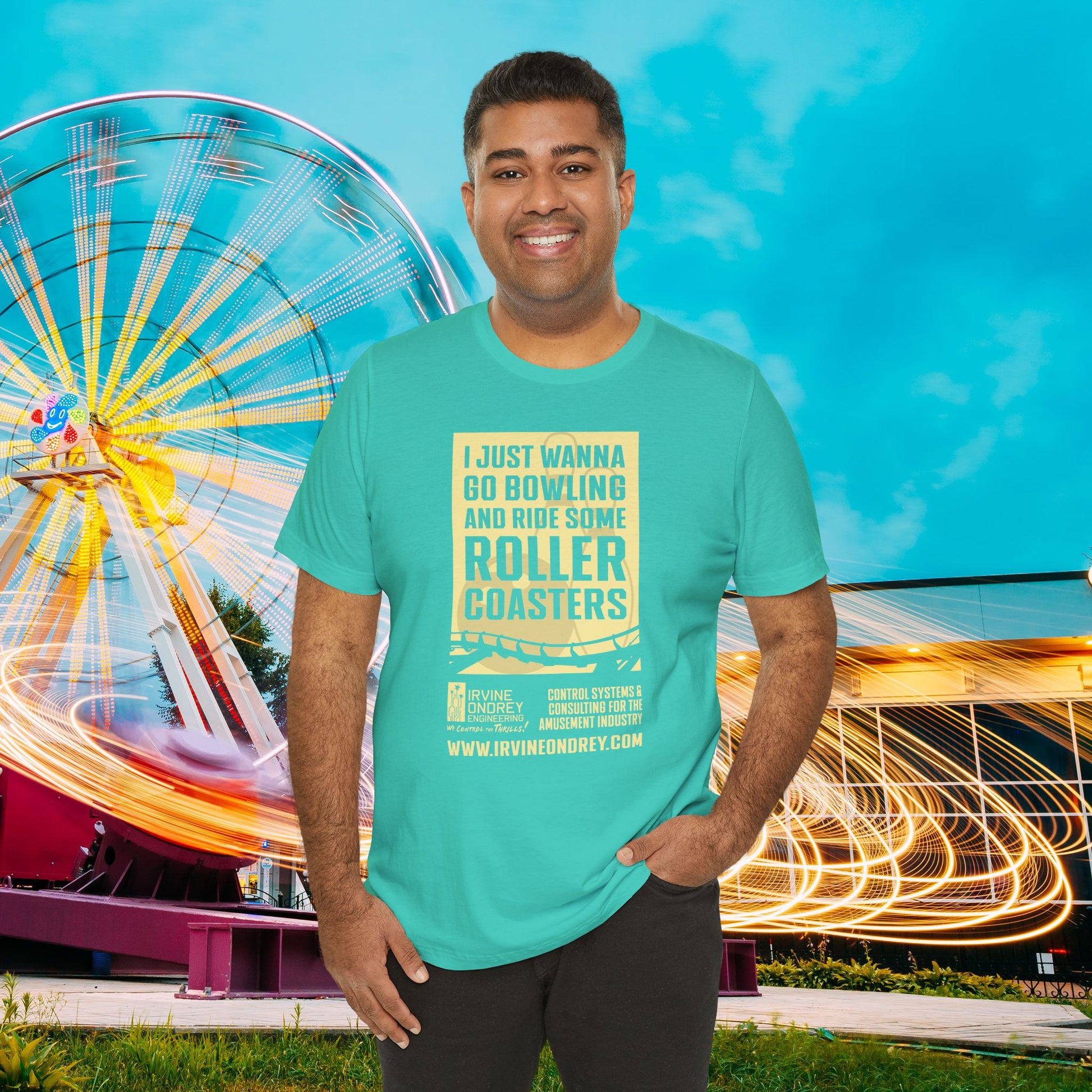 I Just Wanna Go Bowling & Ride Roller Coasters Tee (FRONT graphic) • Irvine Ondrey Engineering