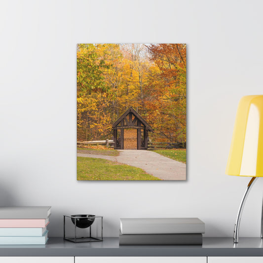 Seven Bridges Trail’s Covered Bridge at Grant Park in South Milwaukee Wisconsin, Photography Canvas Wrap Wall Art