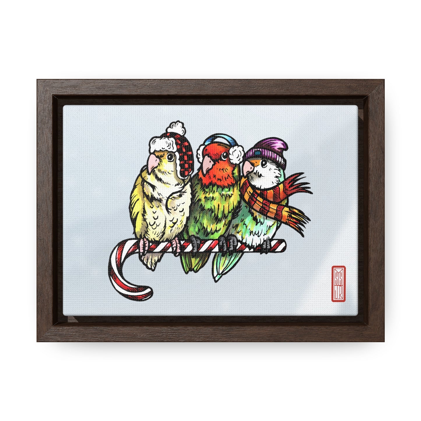 3 Lovebirds with Winter Wear & Perched on a Candy Cane, Framed Canvas Wrap Wall Art