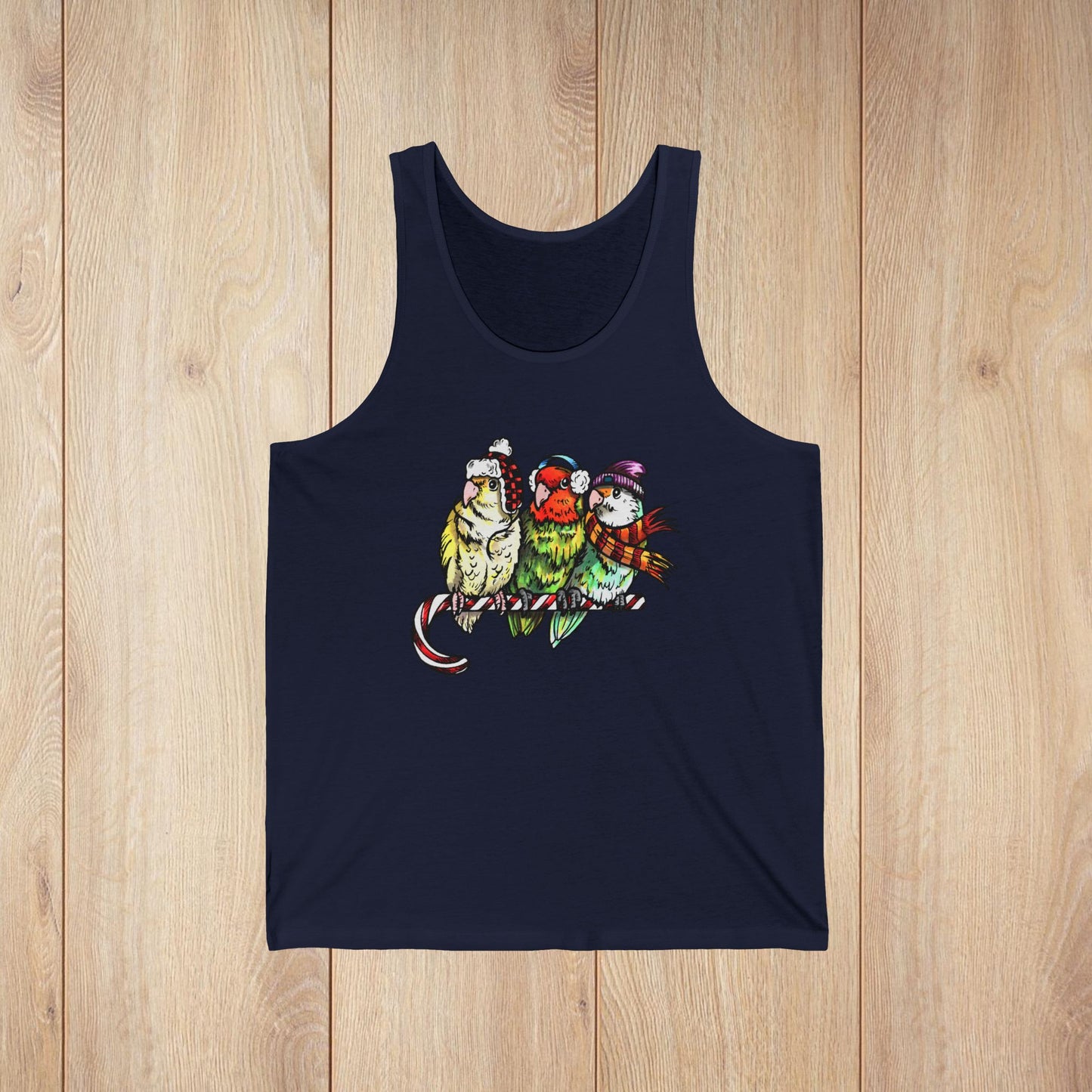 3 Lovebirds in Winter Wear & Perched on a Candy Cane, Unisex Jersey Tank Top