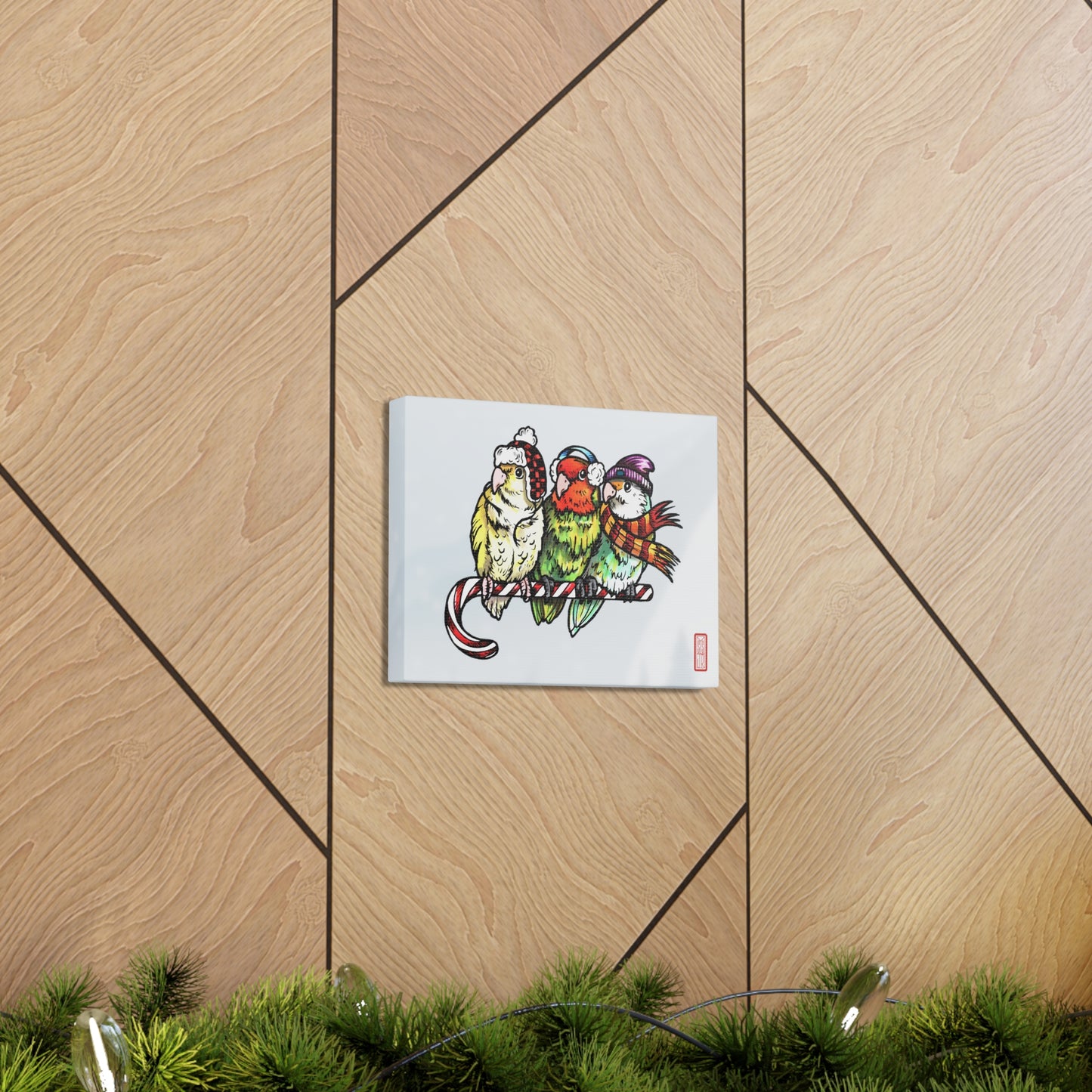 3 Lovebirds with Winter Wear & Perched on a Candy Cane, Canvas Wrap Wall Art