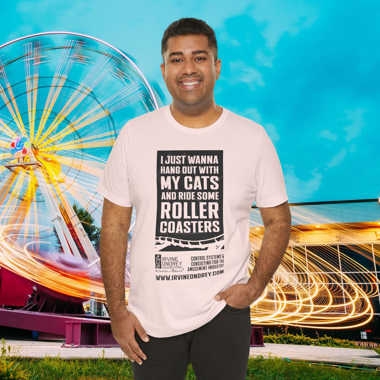I Just Wanna Hang Out With My Cats & Ride Roller Coasters Tee (FRONT graphic) • Irvine Ondrey Engineering