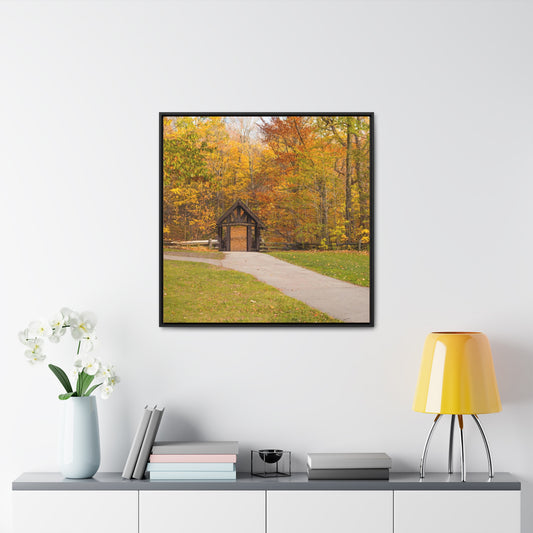 Seven Bridges Trail’s Covered Bridge at Grant Park in South Milwaukee Wisconsin, Photography Square Framed Canvas Wrap Wall Art