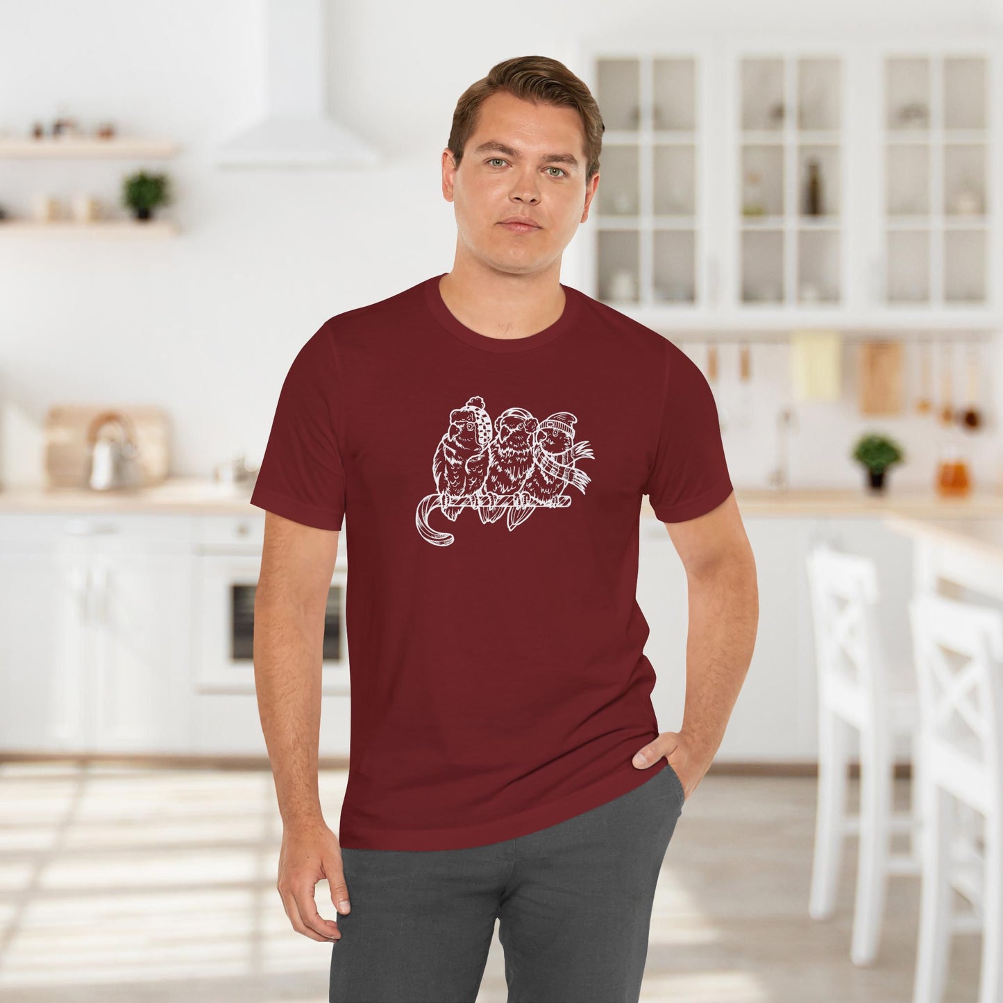 3 Lovebirds in Winter Wear & Perched on a Candy Cane, Line Art Tee