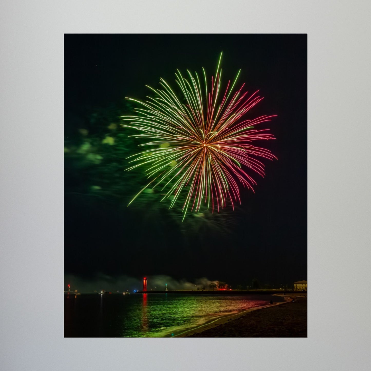Green & Pink 4th of July Fireworks over Kenosha Pier Light Rolled Poster