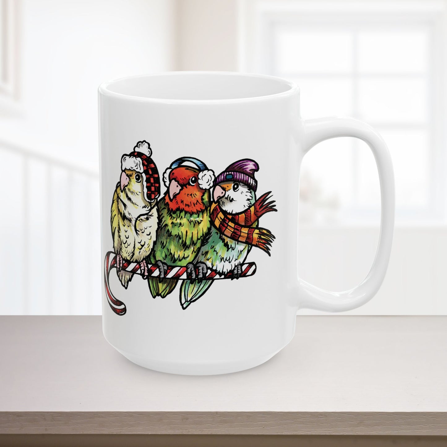 3 Lovebirds With Winter Wear & Perched on a Candy Cane, 11oz or 15oz Mug