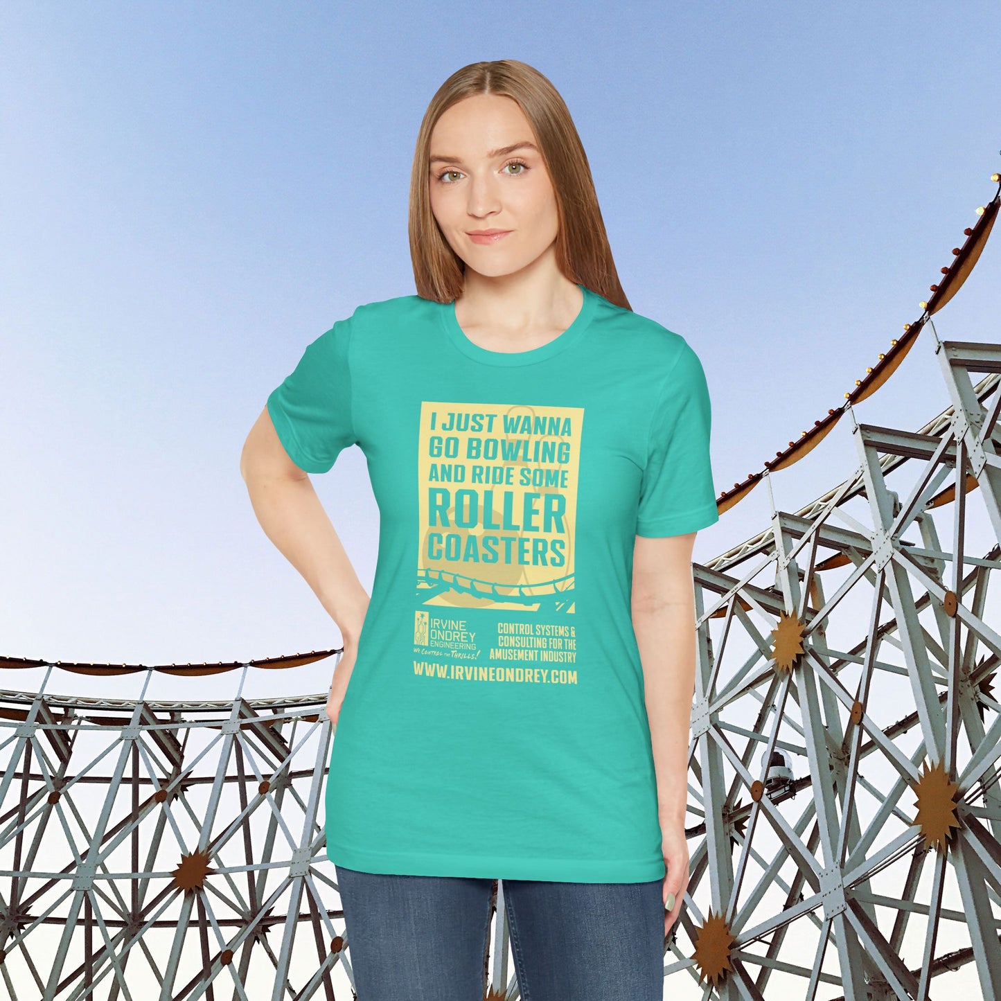 I Just Wanna Go Bowling & Ride Roller Coasters Tee (FRONT graphic) • Irvine Ondrey Engineering