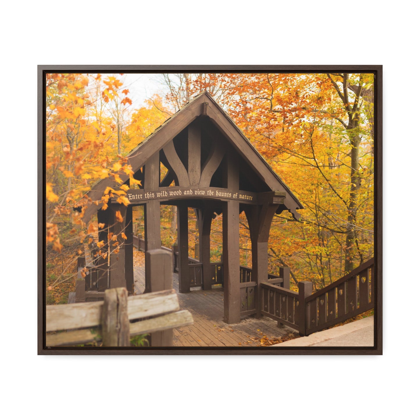 7 Bridges Trail’s Covered Bridge at Grant Park in South Milwaukee Wisconsin, Photography Framed Canvas Wrap Wall Art