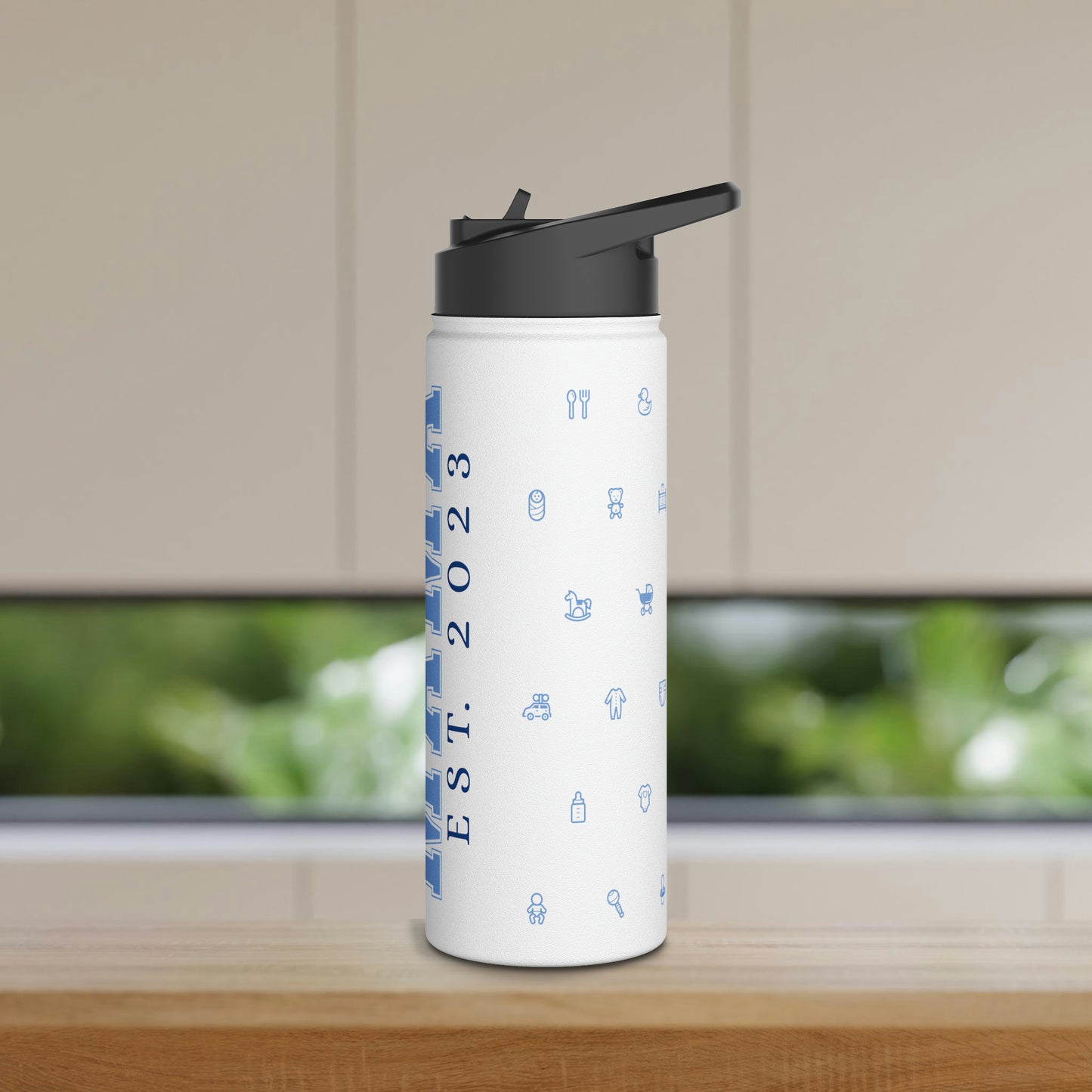 Boy Mama EST. 2023 Stainless-Steel Water Bottle with Built-In Straw, 12oz, 18oz & 32oz