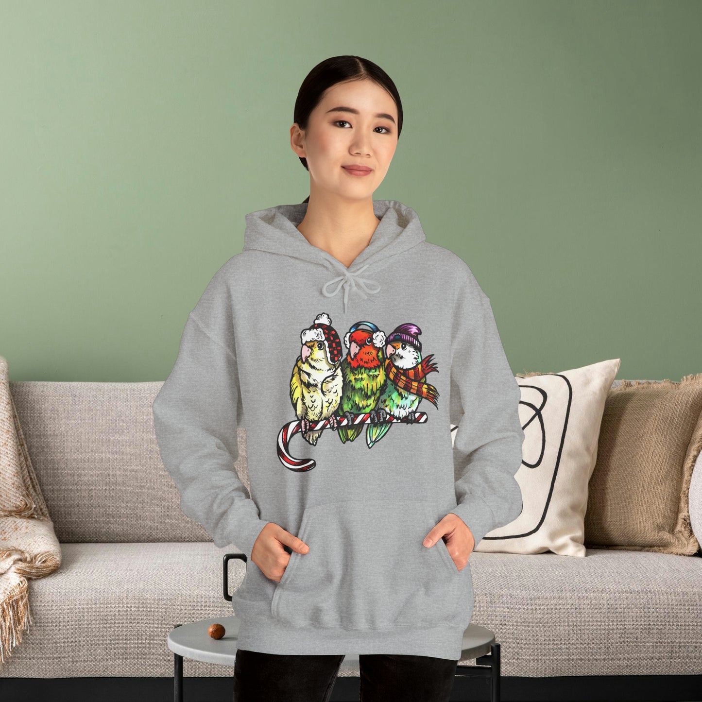 3 Lovebirds with Winter Wear & Perched on a Candy Cane Hoodie