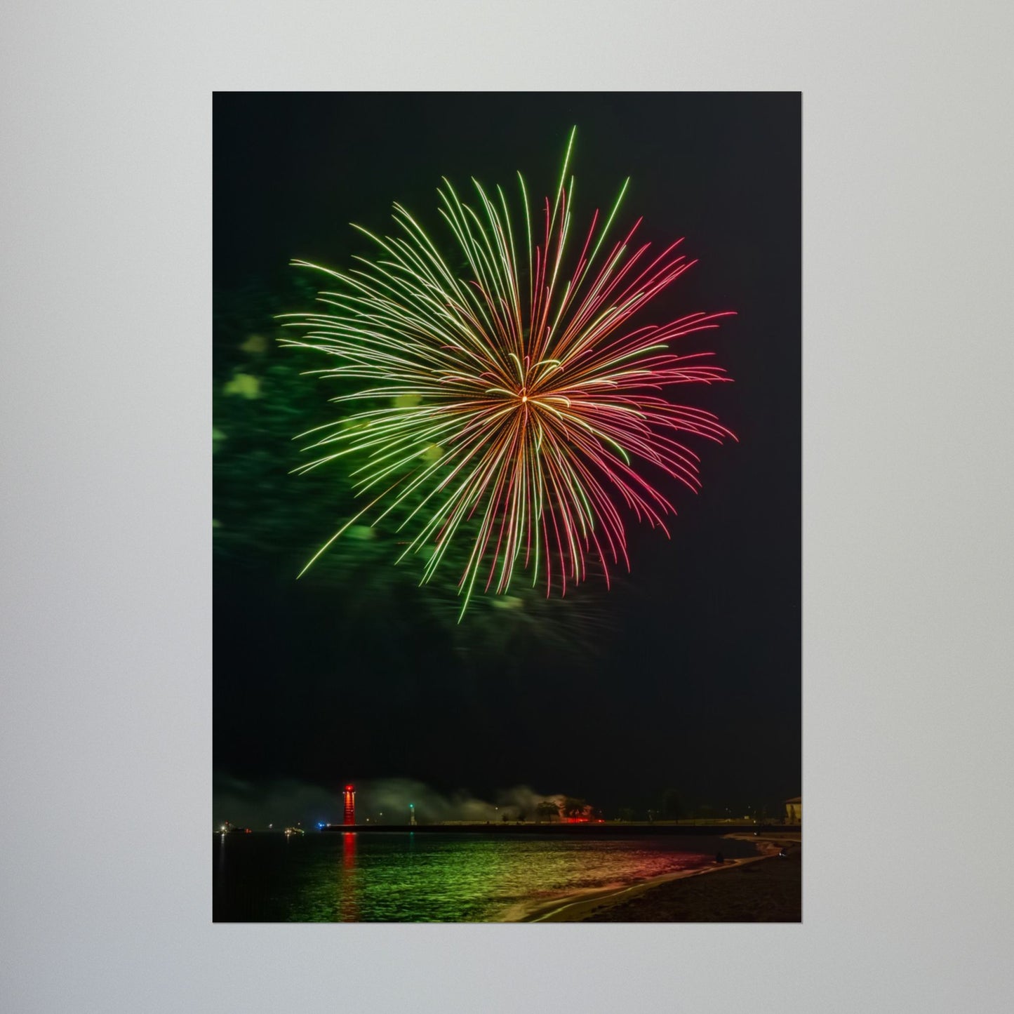 Green & Pink 4th of July Fireworks over Kenosha Pier Light Rolled Poster