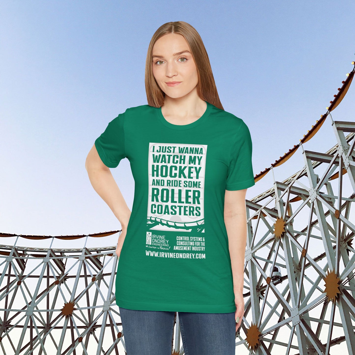 I Just Wanna Watch Hockey & Ride Roller Coasters Tee (FRONT graphic) • Irvine Ondrey Engineering