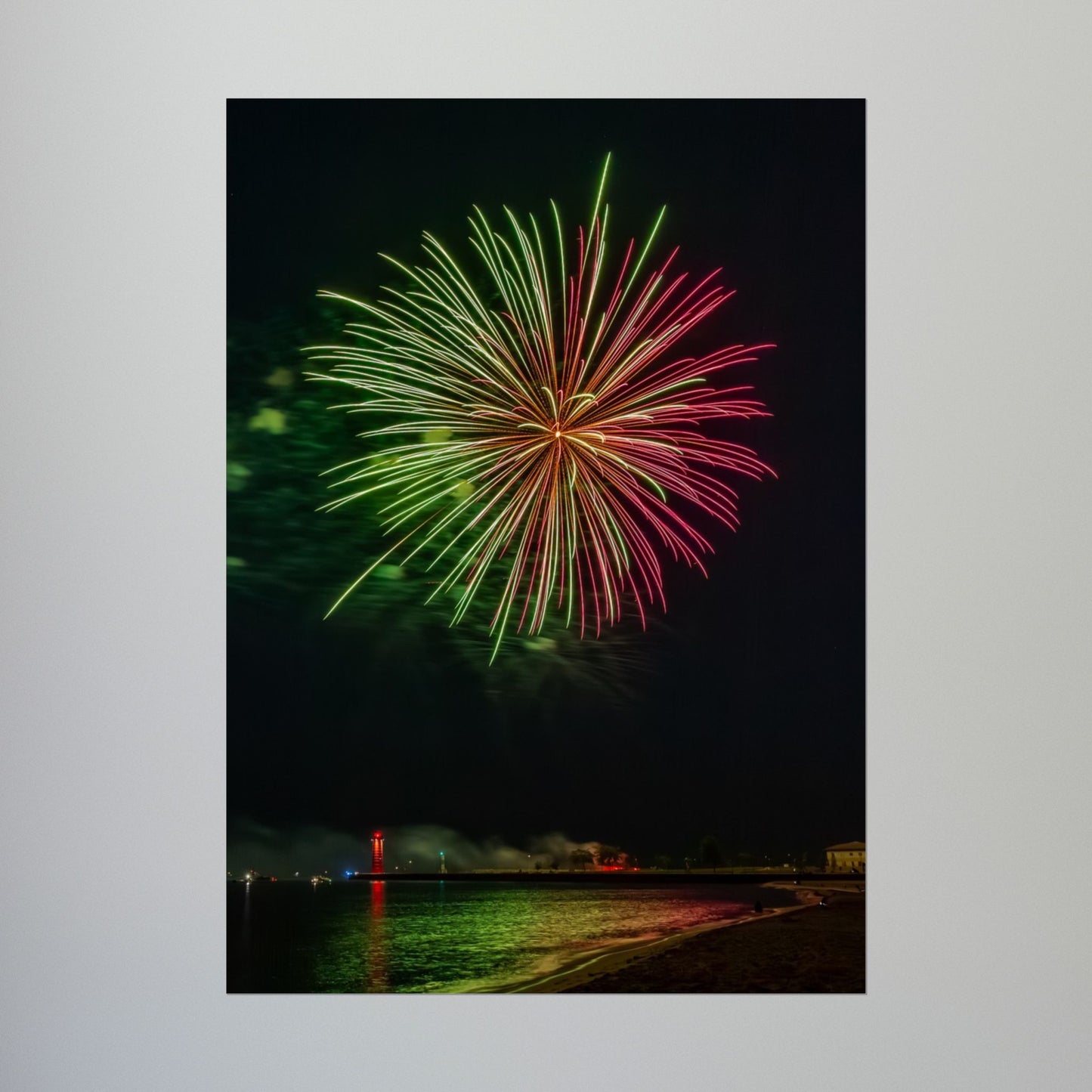 Green & Pink 4th of July Fireworks over Kenosha Pier Light Rolled Poster