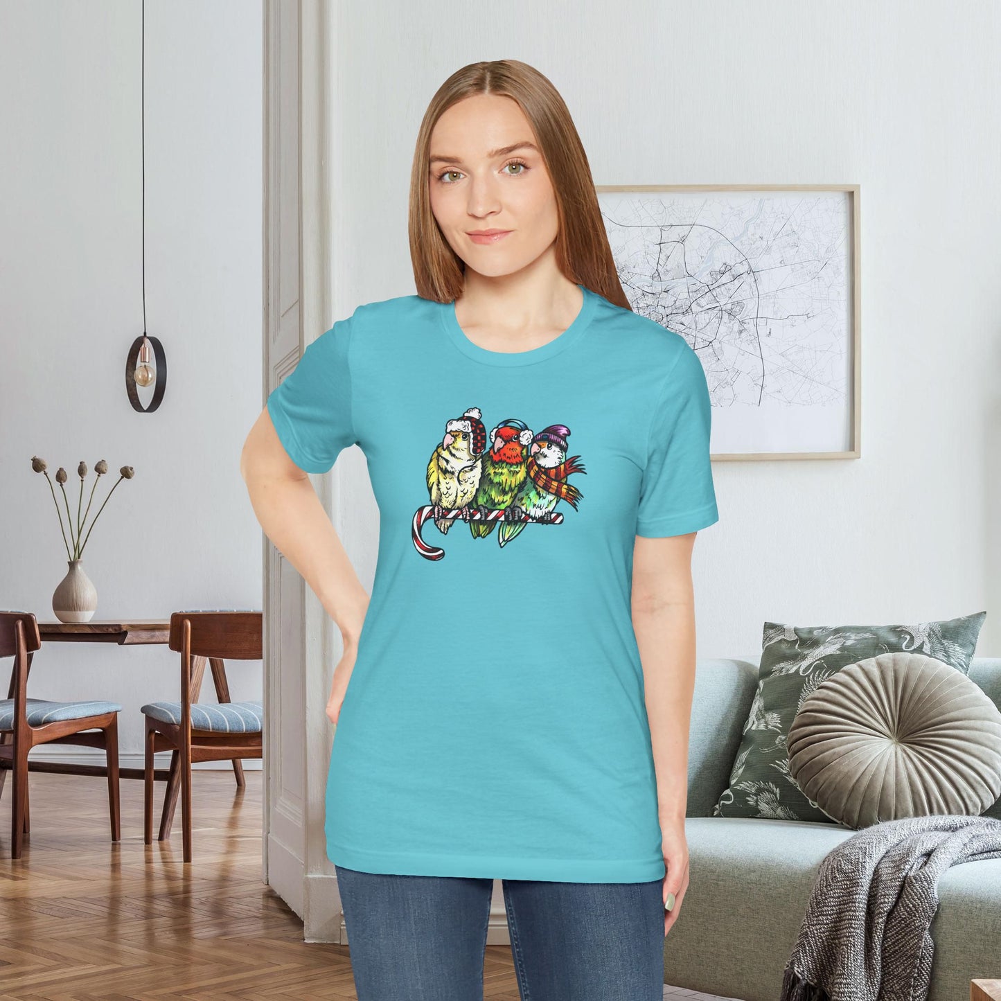 3 Lovebirds in Winter Wear & Perched on a Candy Cane, Tee