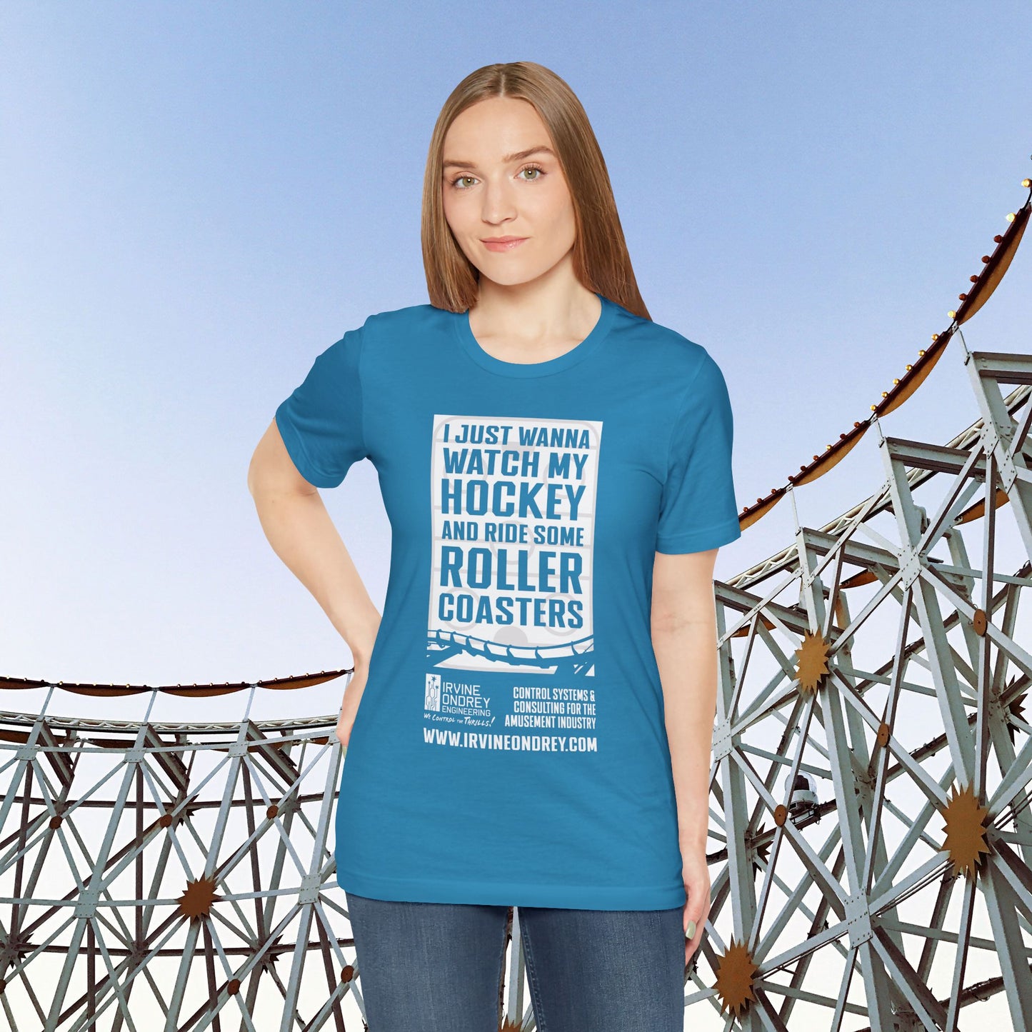 I Just Wanna Watch Hockey & Ride Roller Coasters Tee (FRONT graphic) • Irvine Ondrey Engineering