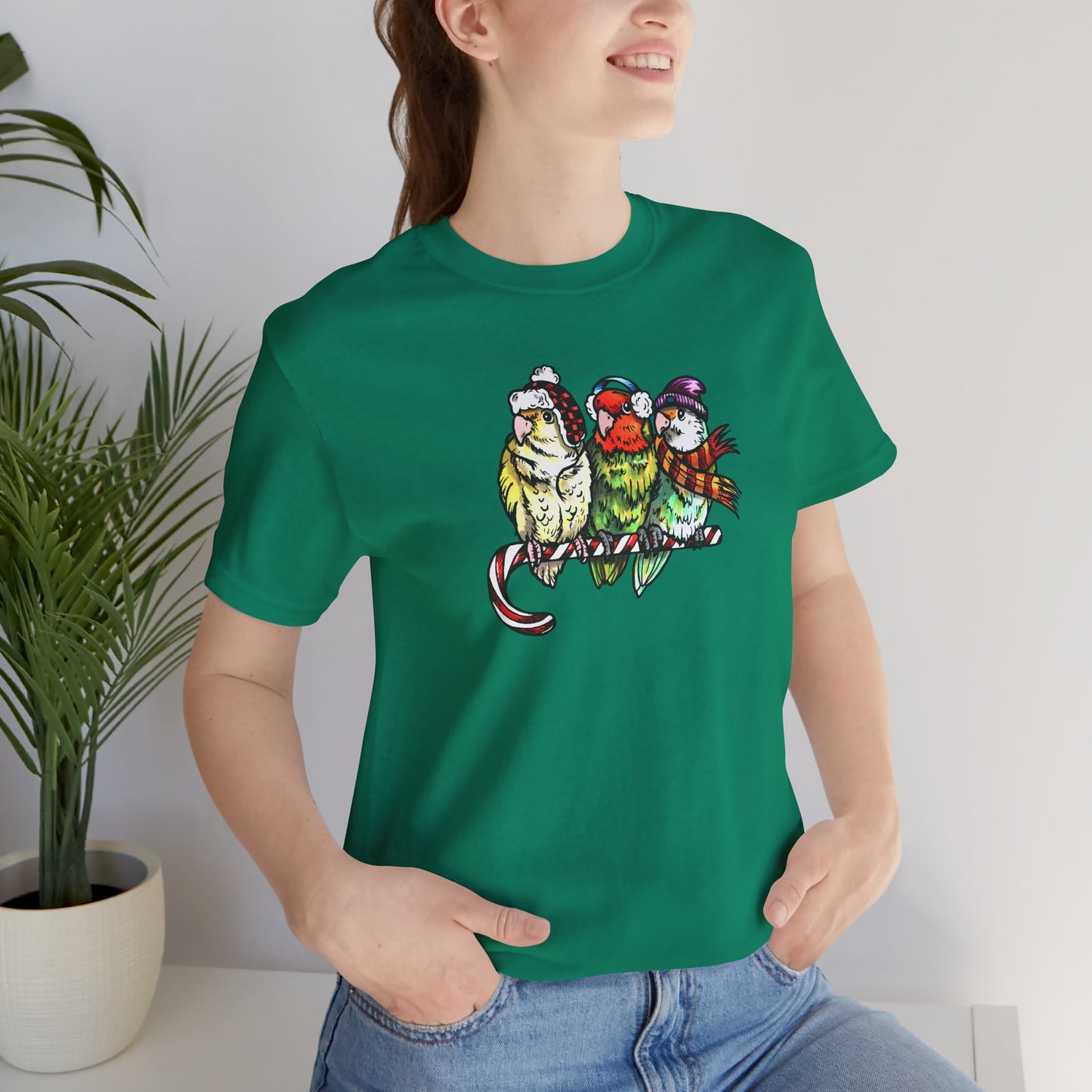 3 Lovebirds in Winter Wear & Perched on a Candy Cane, Tee