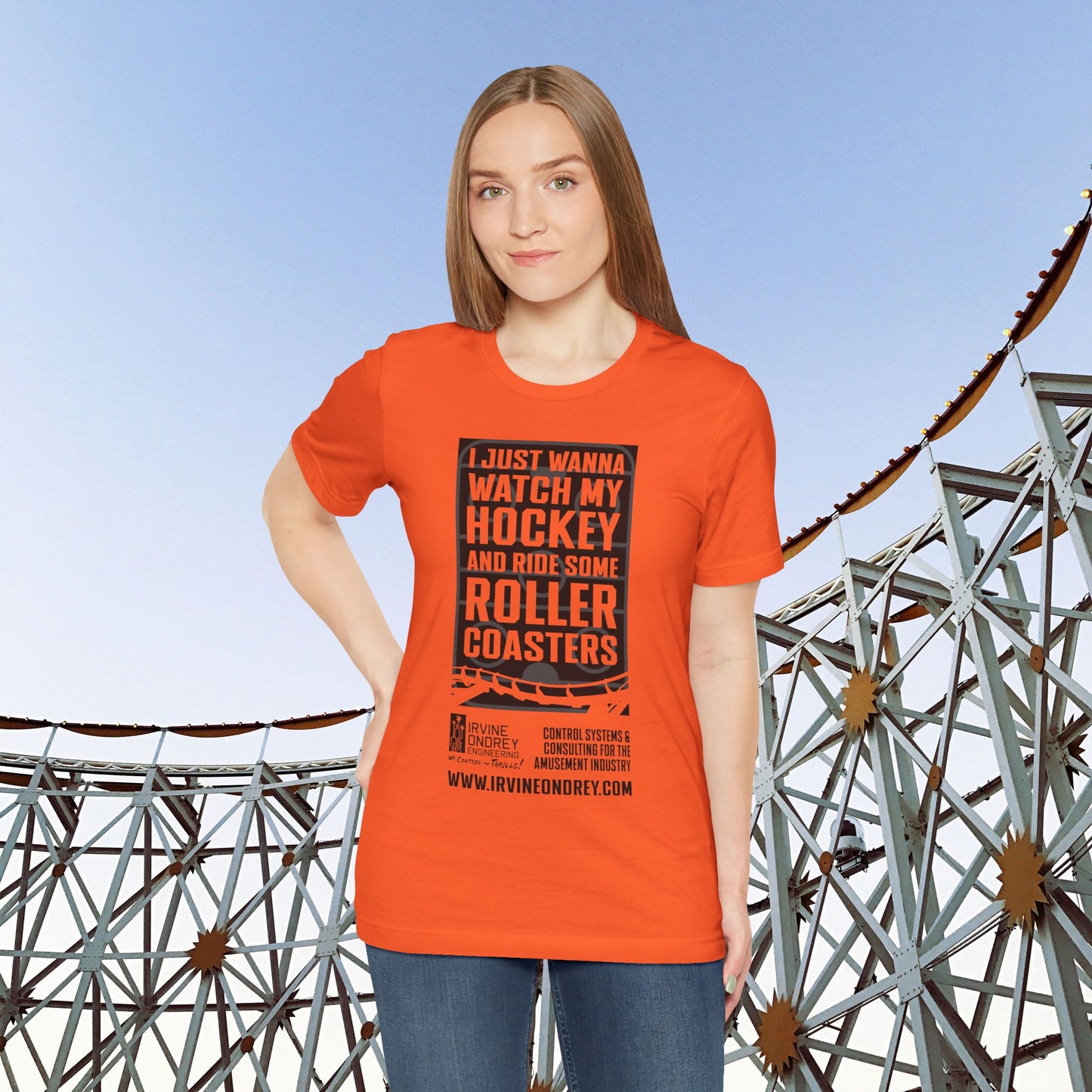 I Just Wanna Watch Hockey & Ride Roller Coasters Tee (FRONT graphic) • Irvine Ondrey Engineering
