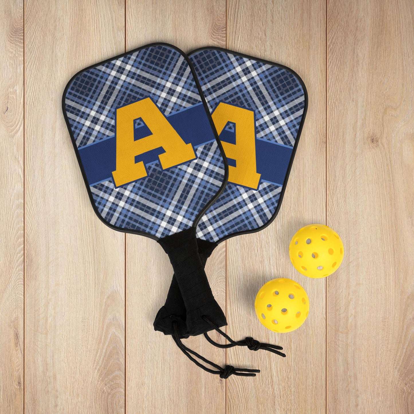 Blue Plaid Initial Pickleball Paddles