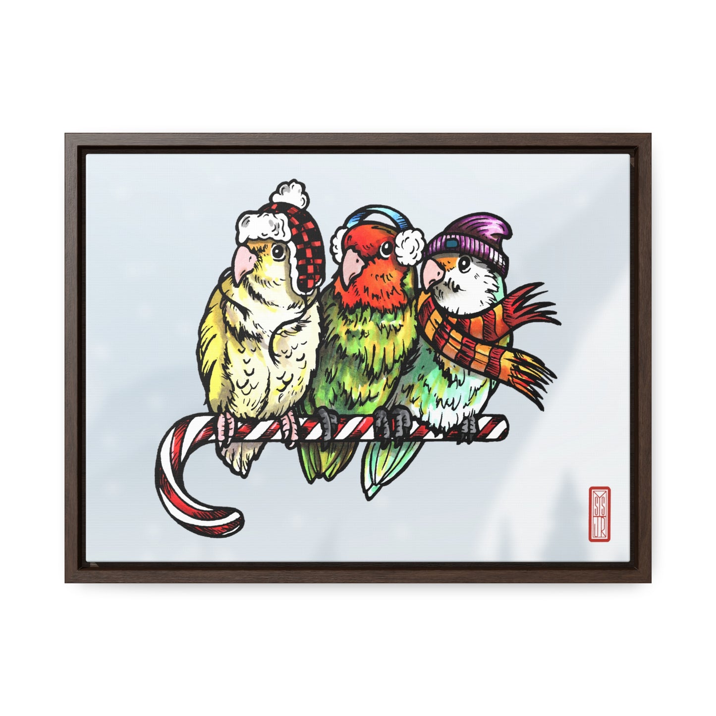 3 Lovebirds with Winter Wear & Perched on a Candy Cane, Framed Canvas Wrap Wall Art
