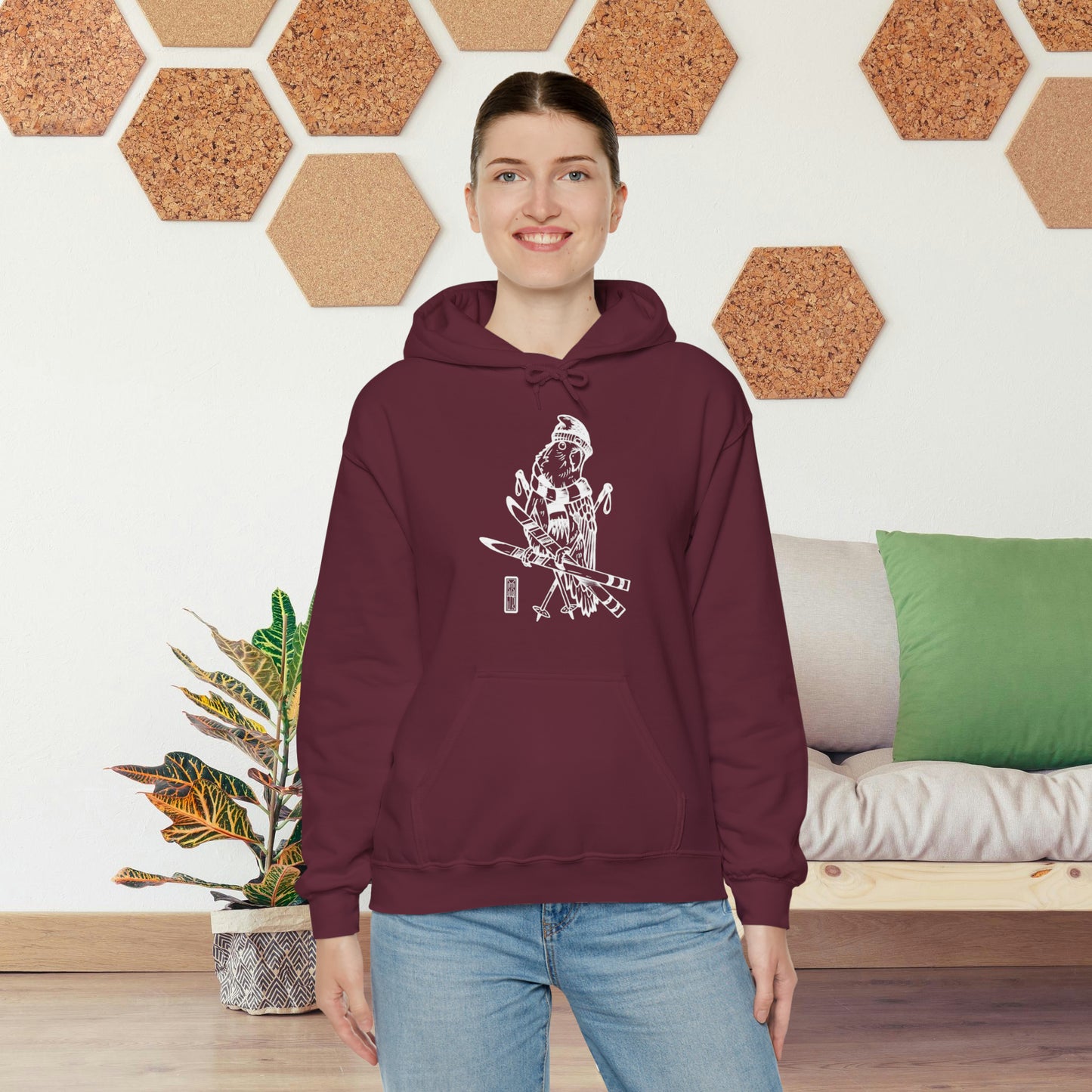 Lovebird Goes Skiing, Line Art Hoodie