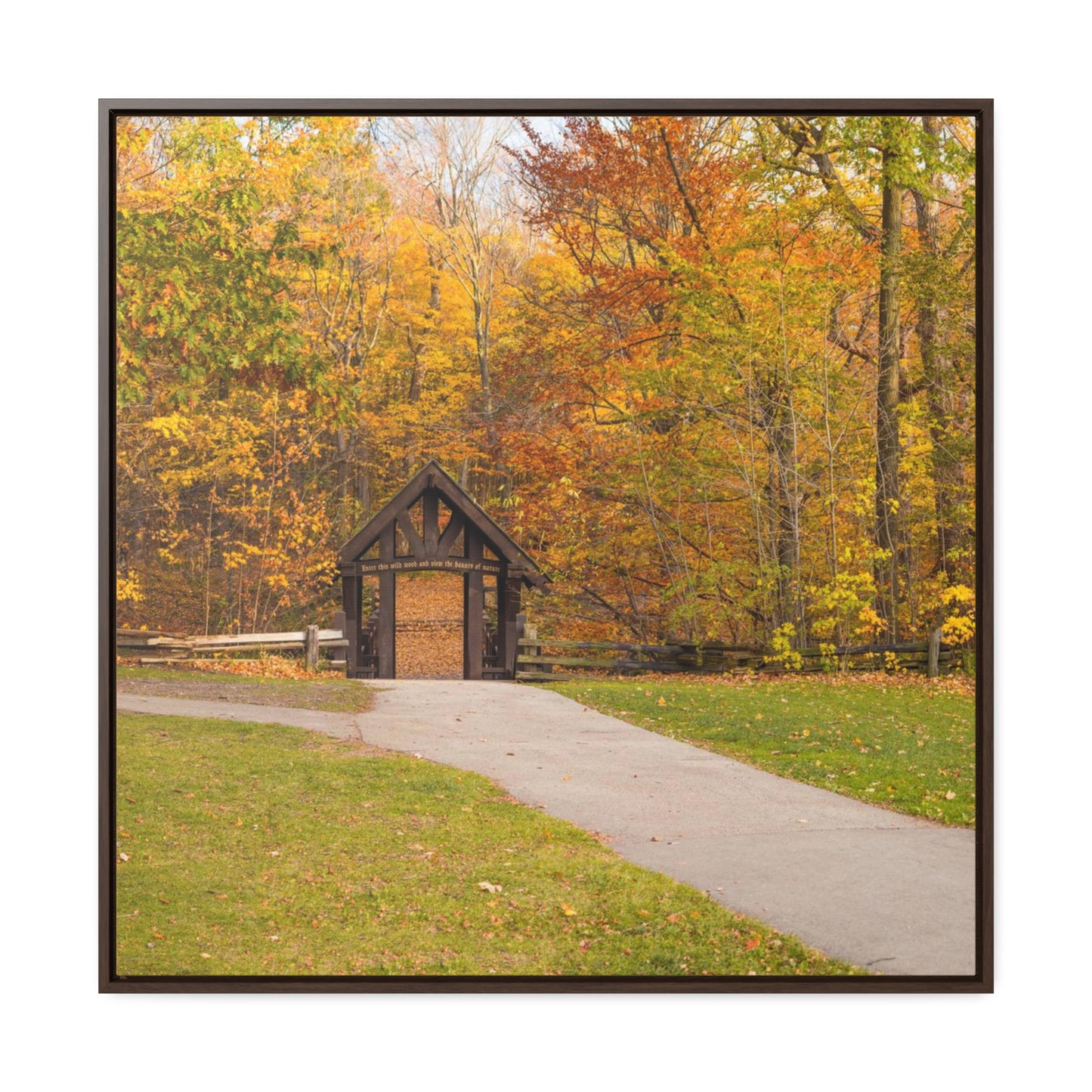 Seven Bridges Trail’s Covered Bridge at Grant Park in South Milwaukee Wisconsin, Photography Square Framed Canvas Wrap Wall Art