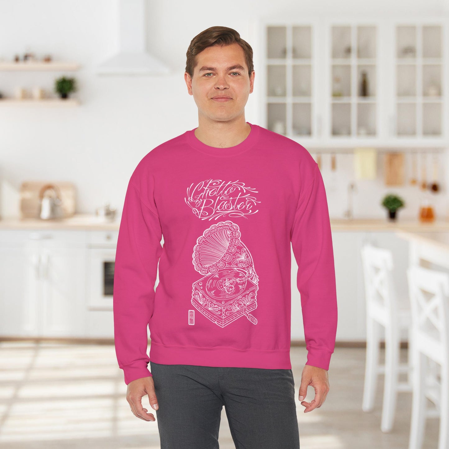 Ghetto Blaster, sudadera con cuello redondo y arte lineal