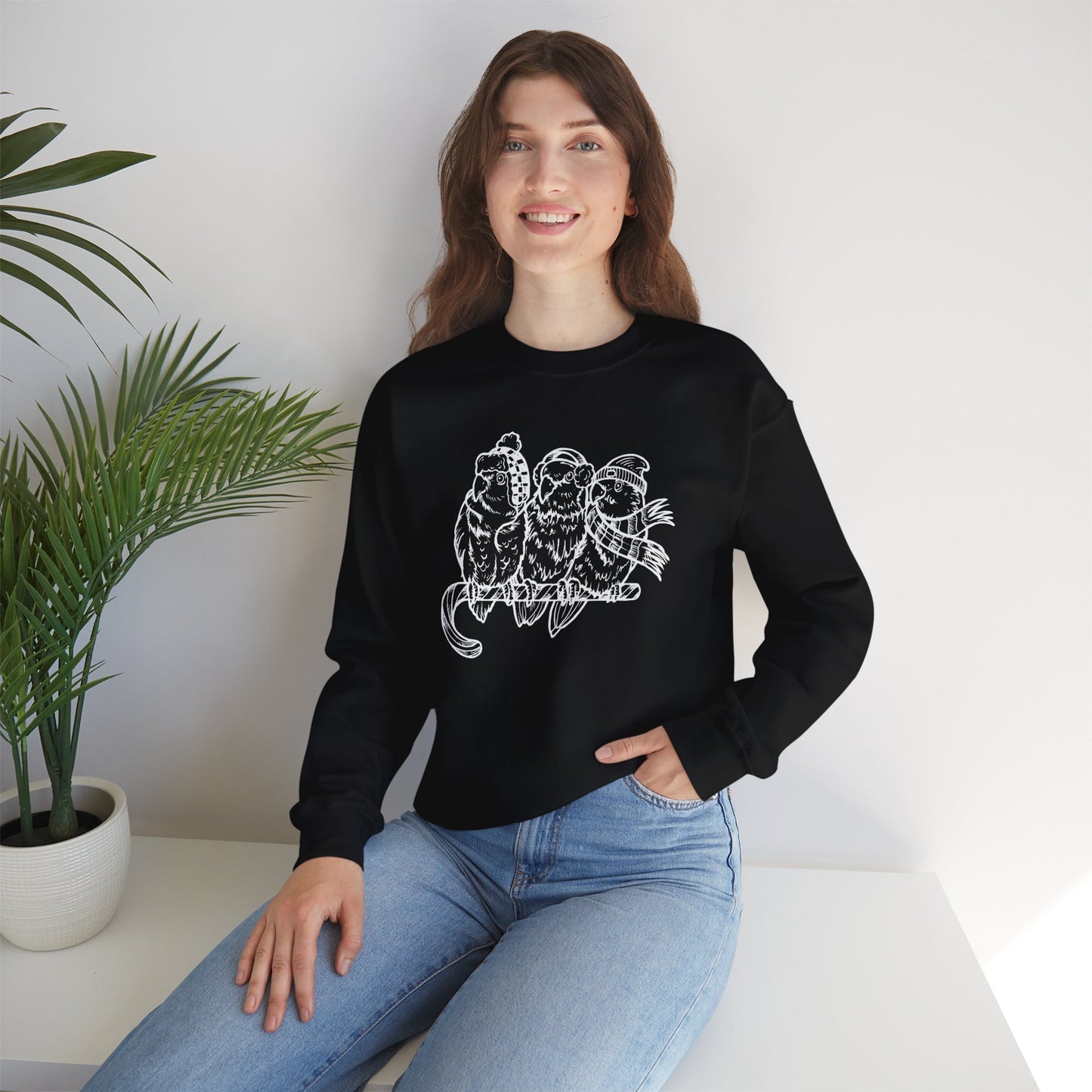 3 Lovebirds with Winter Wear & Perched on a Candy Cane, Line Art Crew Neck Sweatshirt
