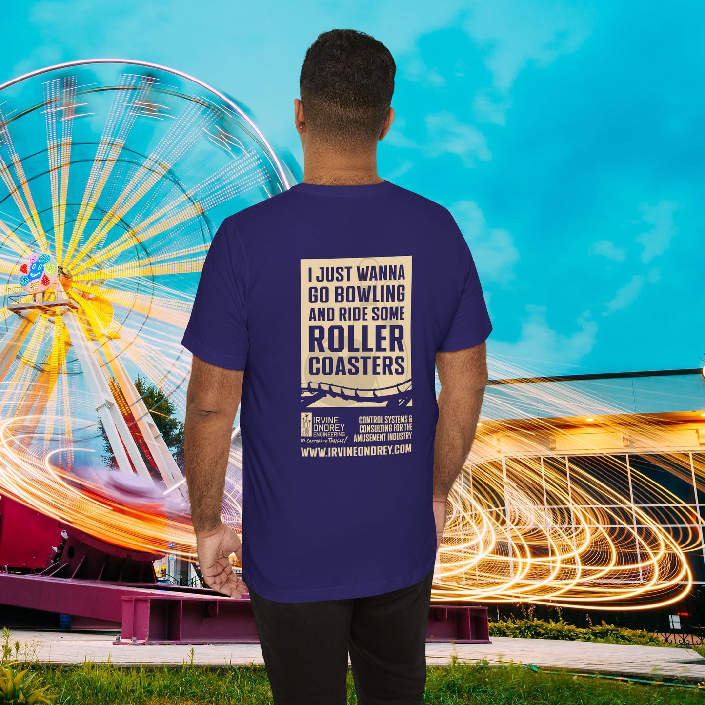 Team Navy I Just Wanna Go Bowling & Ride Roller Coasters Tee (BACK graphic) • Irvine Ondrey Engineering