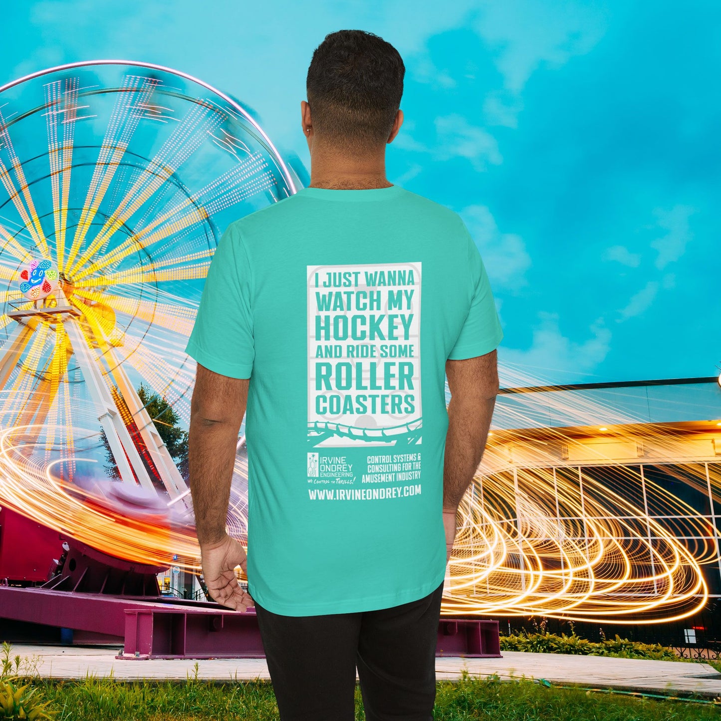 I Just Wanna Watch Hockey & Ride Roller Coasters Tee (BACK graphic) • Irvine Ondrey Engineering