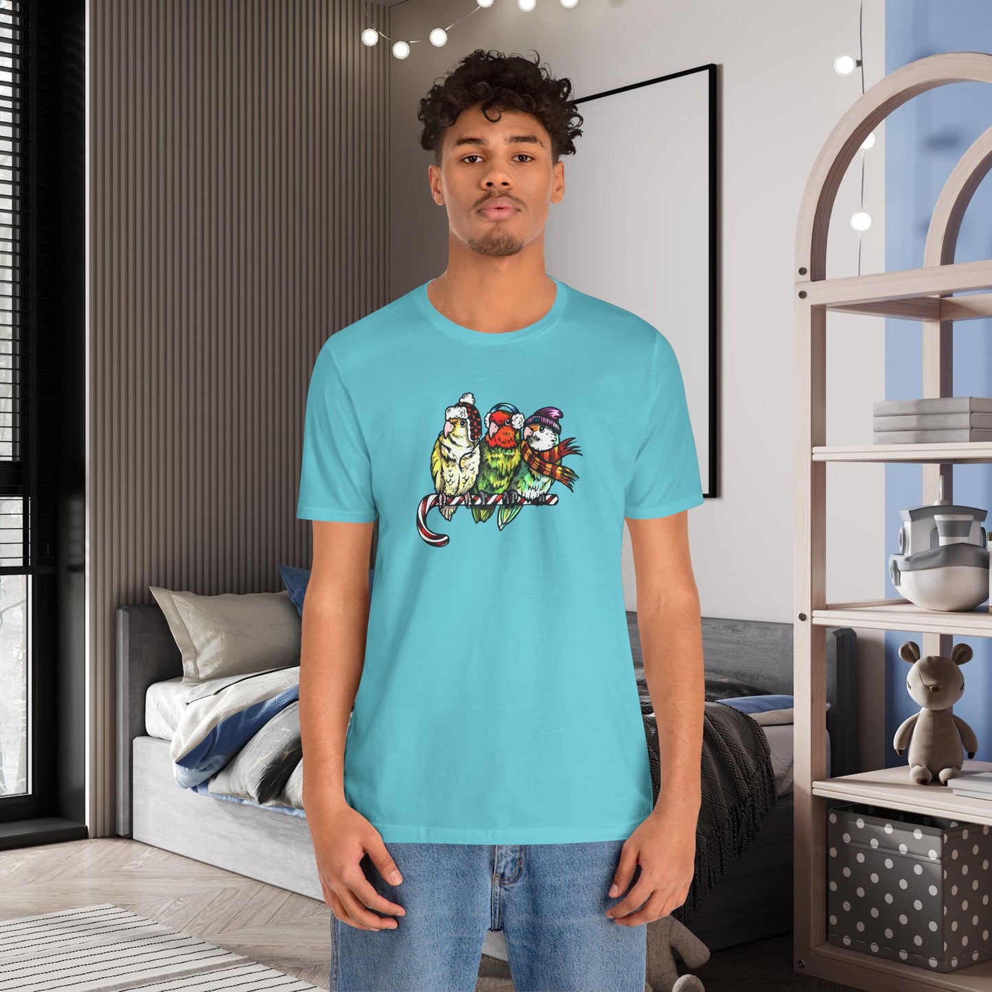 3 Lovebirds in Winter Wear & Perched on a Candy Cane, Tee