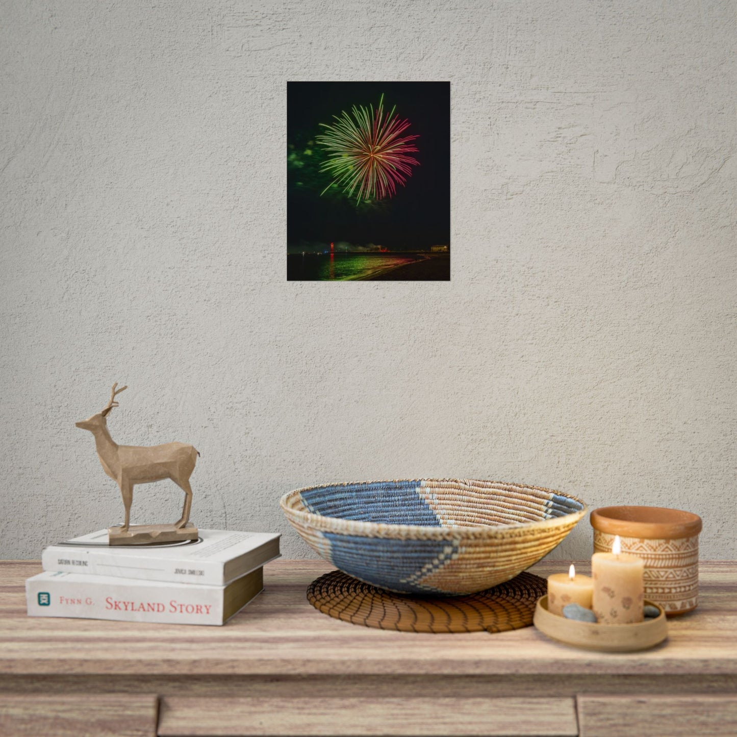 Green & Pink 4th of July Fireworks over Kenosha Pier Light Rolled Poster