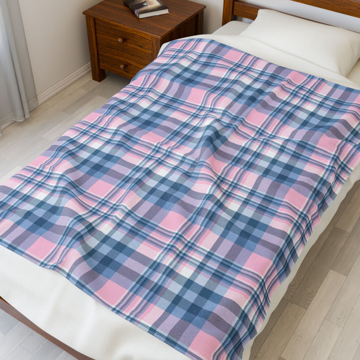 Baby Blue & Pink Plaid Velveteen Plush Blanket