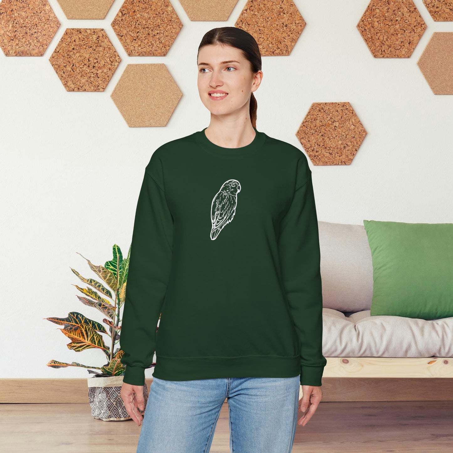 Cuddly Lovebird, sudadera con cuello redondo y arte lineal