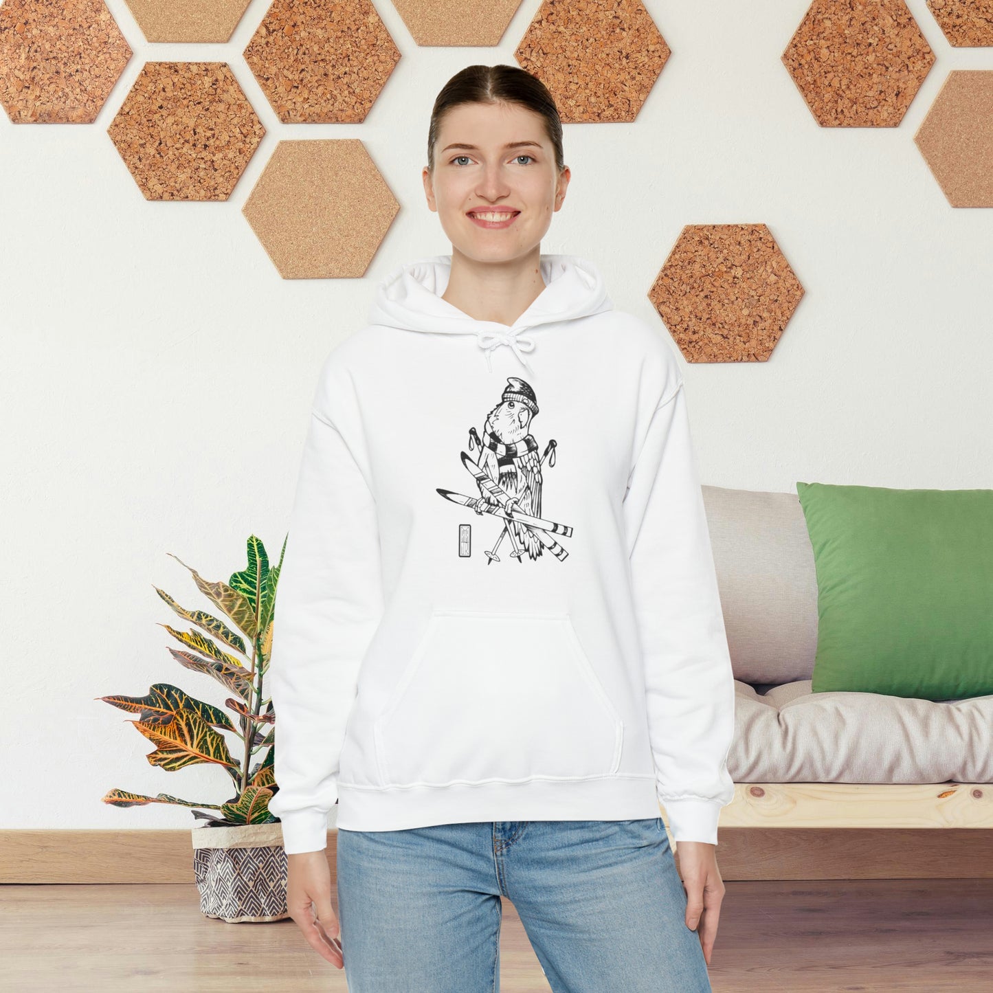 Lovebird Goes Skiing, Line Art Hoodie