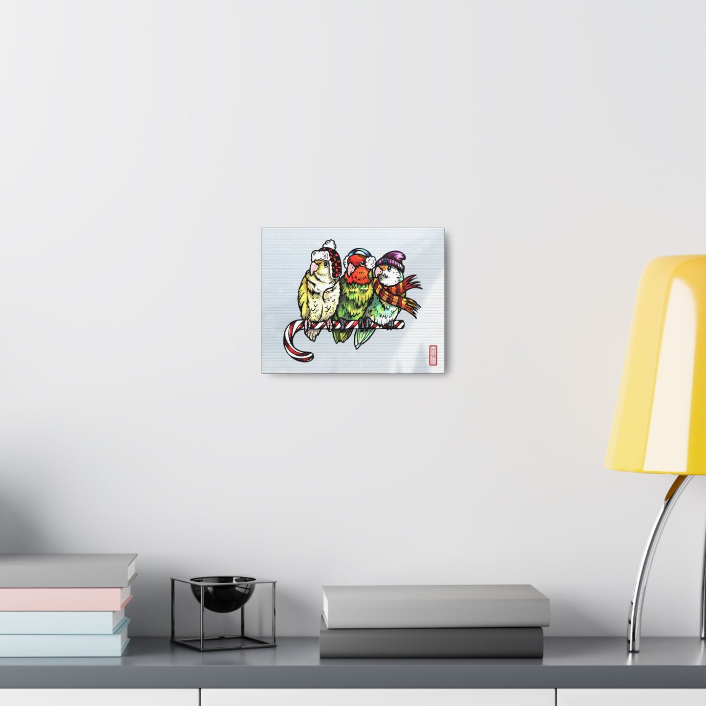 3 Lovebirds with Winter Wear & Perched on a Candy Cane, Canvas Wrap Wall Art