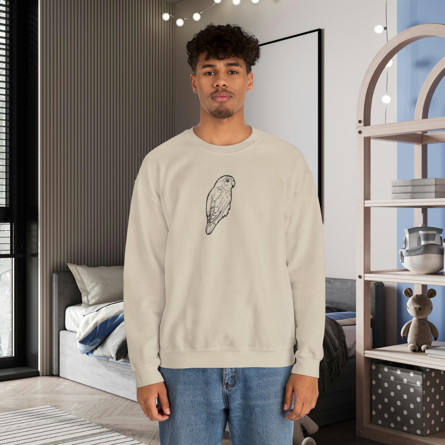 Cuddly Lovebird, sudadera con cuello redondo y arte lineal