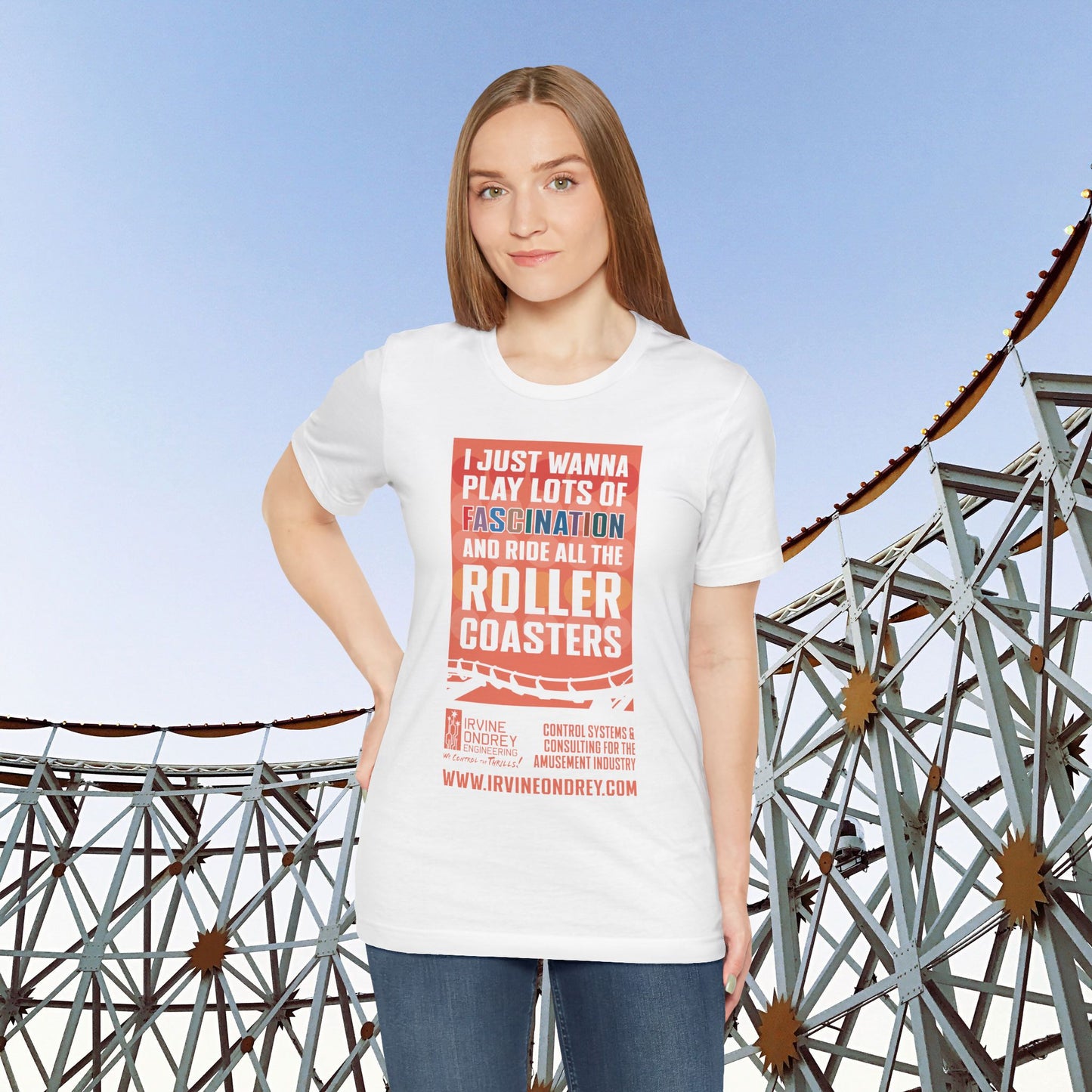 I Just Wanna Play Fascination & Ride Roller Coasters Tee (FRONT graphic) • Irvine Ondrey Engineering
