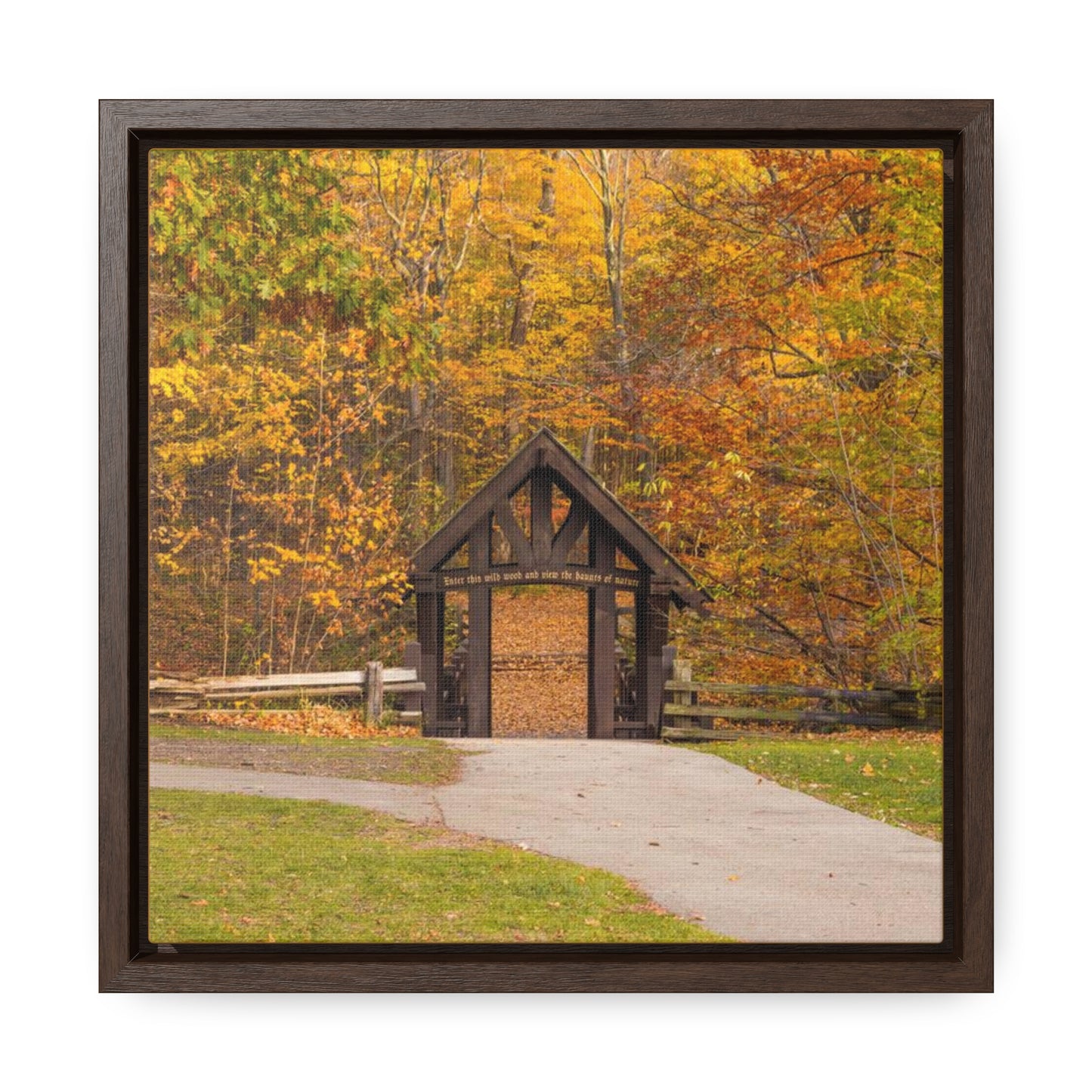 Seven Bridges Trail’s Covered Bridge at Grant Park in South Milwaukee Wisconsin, Photography Square Framed Canvas Wrap Wall Art