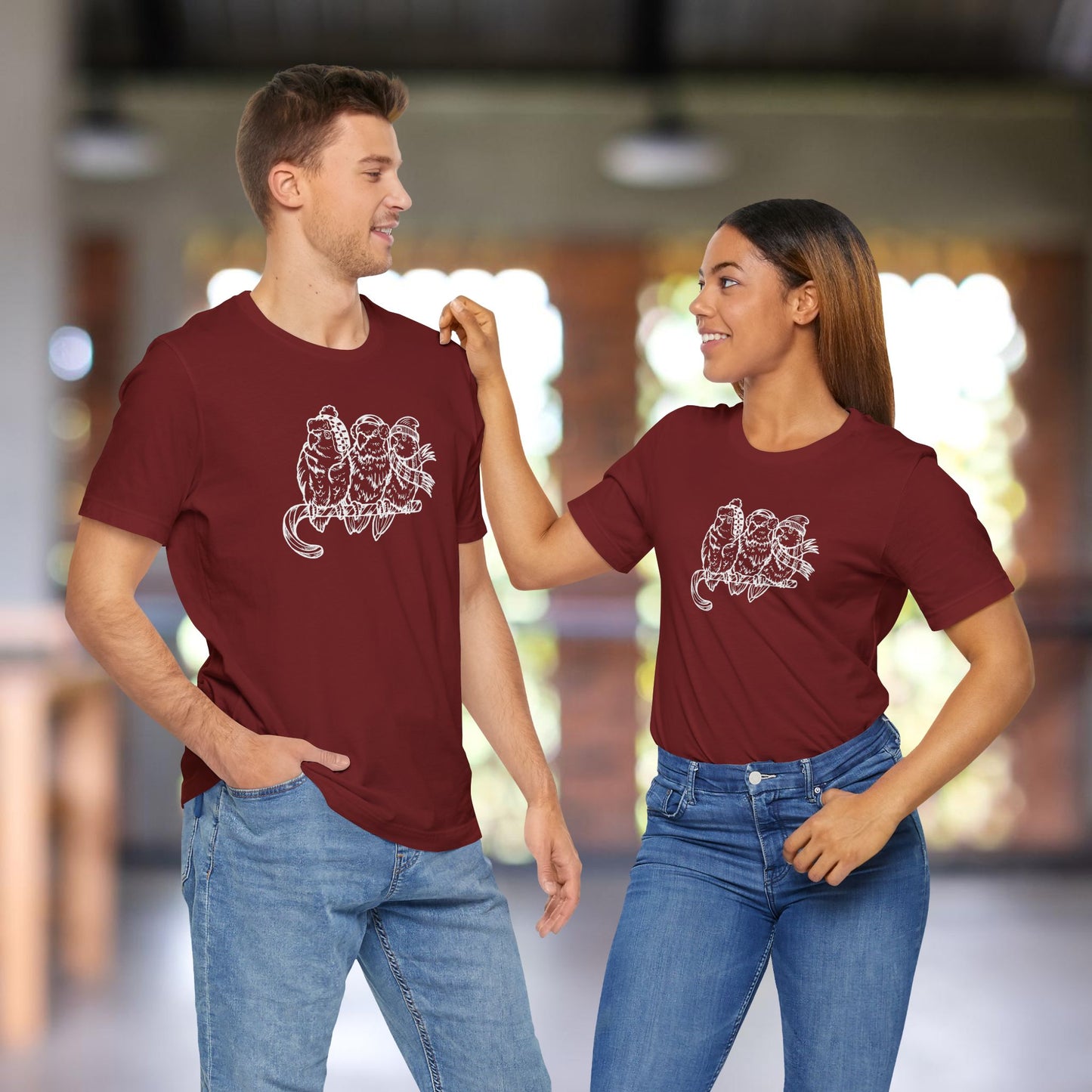 3 Lovebirds in Winter Wear & Perched on a Candy Cane, Line Art Tee
