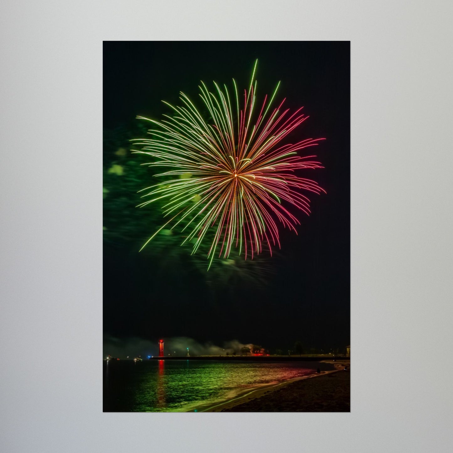 Green & Pink 4th of July Fireworks over Kenosha Pier Light Rolled Poster