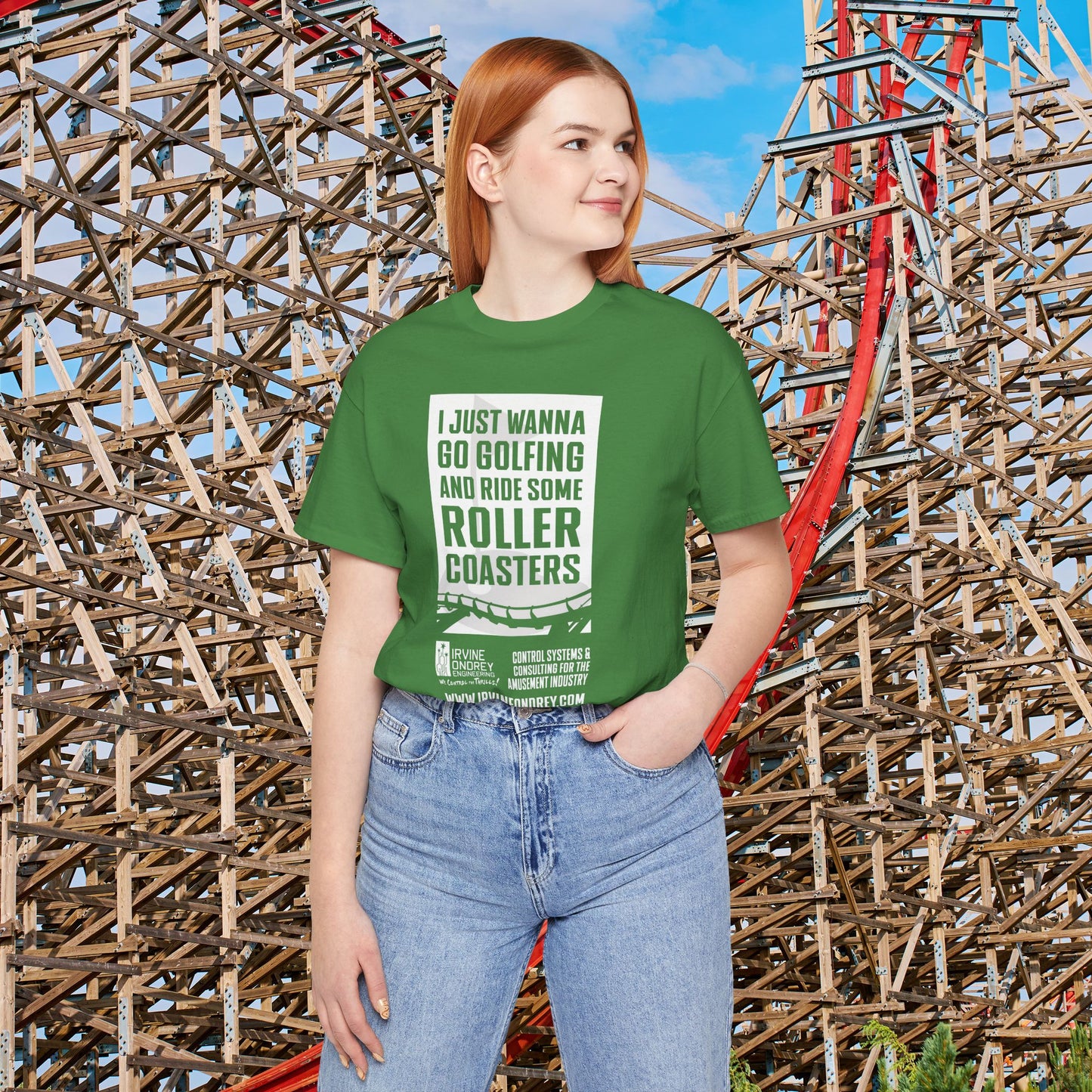 I Just Wanna Go Golfing & Ride Roller Coasters Tee (FRONT graphic) • Irvine Ondrey Engineering