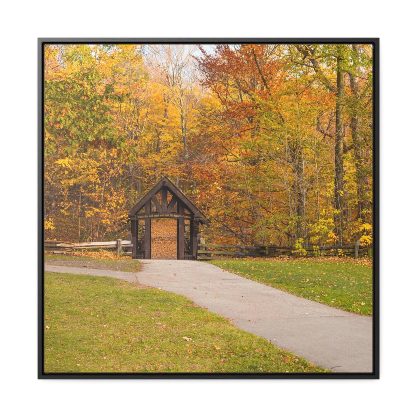 Seven Bridges Trail’s Covered Bridge at Grant Park in South Milwaukee Wisconsin, Photography Square Framed Canvas Wrap Wall Art