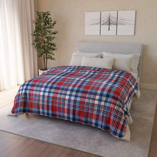 America U.S.A. Blues Plaid Fleece Sherpa Blanket
