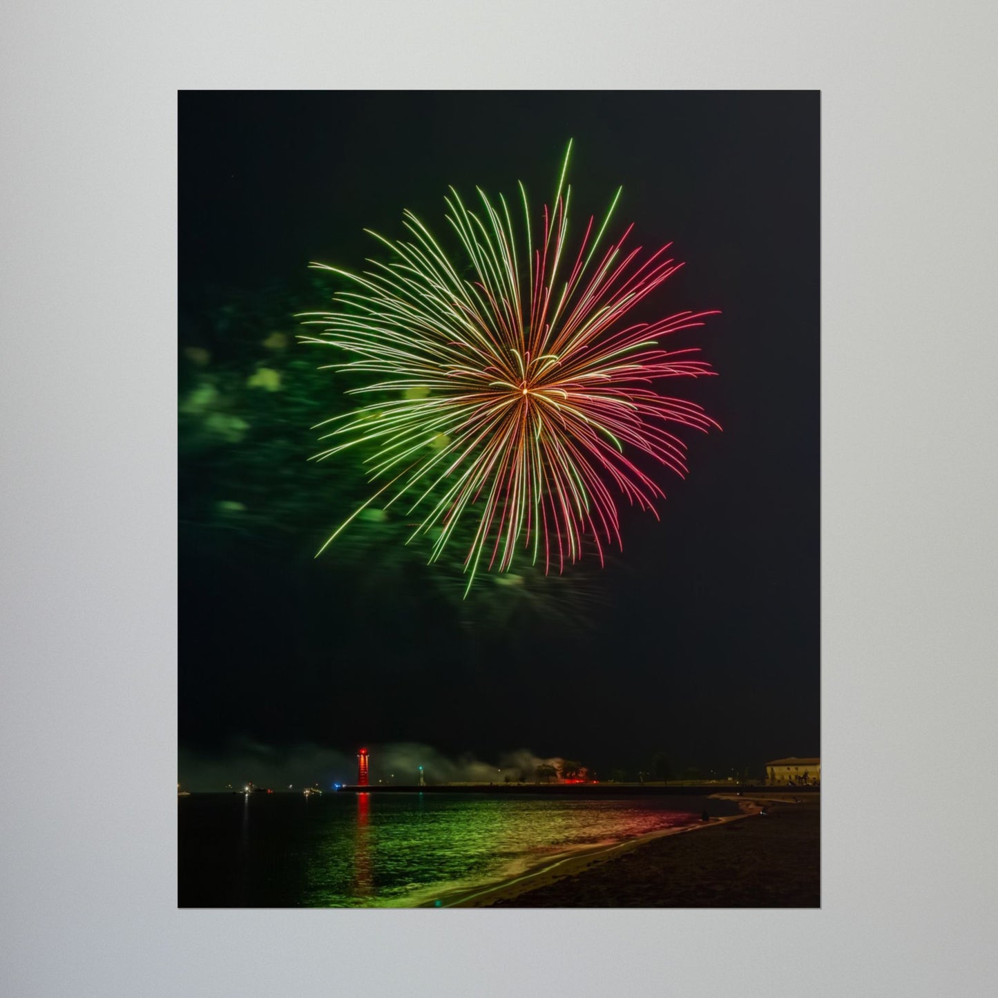 Green & Pink 4th of July Fireworks over Kenosha Pier Light Rolled Poster
