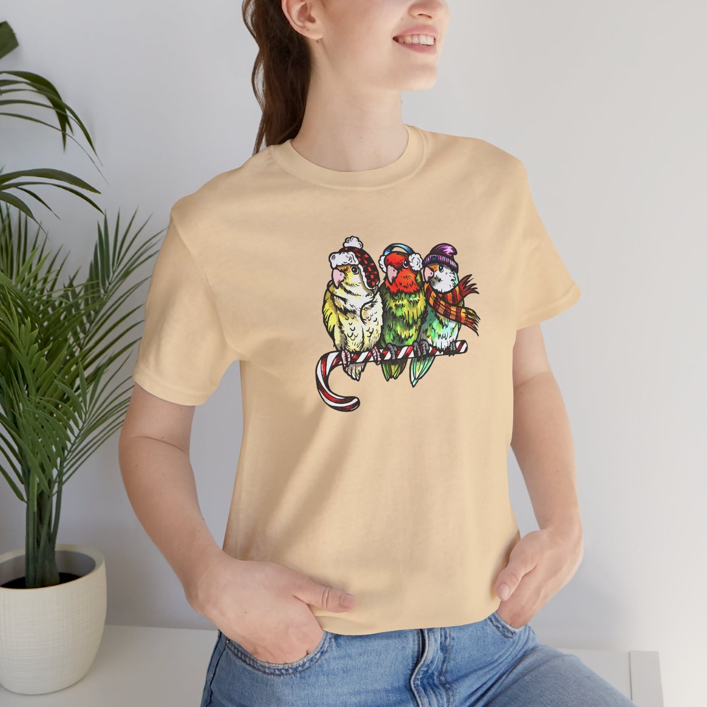 3 Lovebirds in Winter Wear & Perched on a Candy Cane, Tee