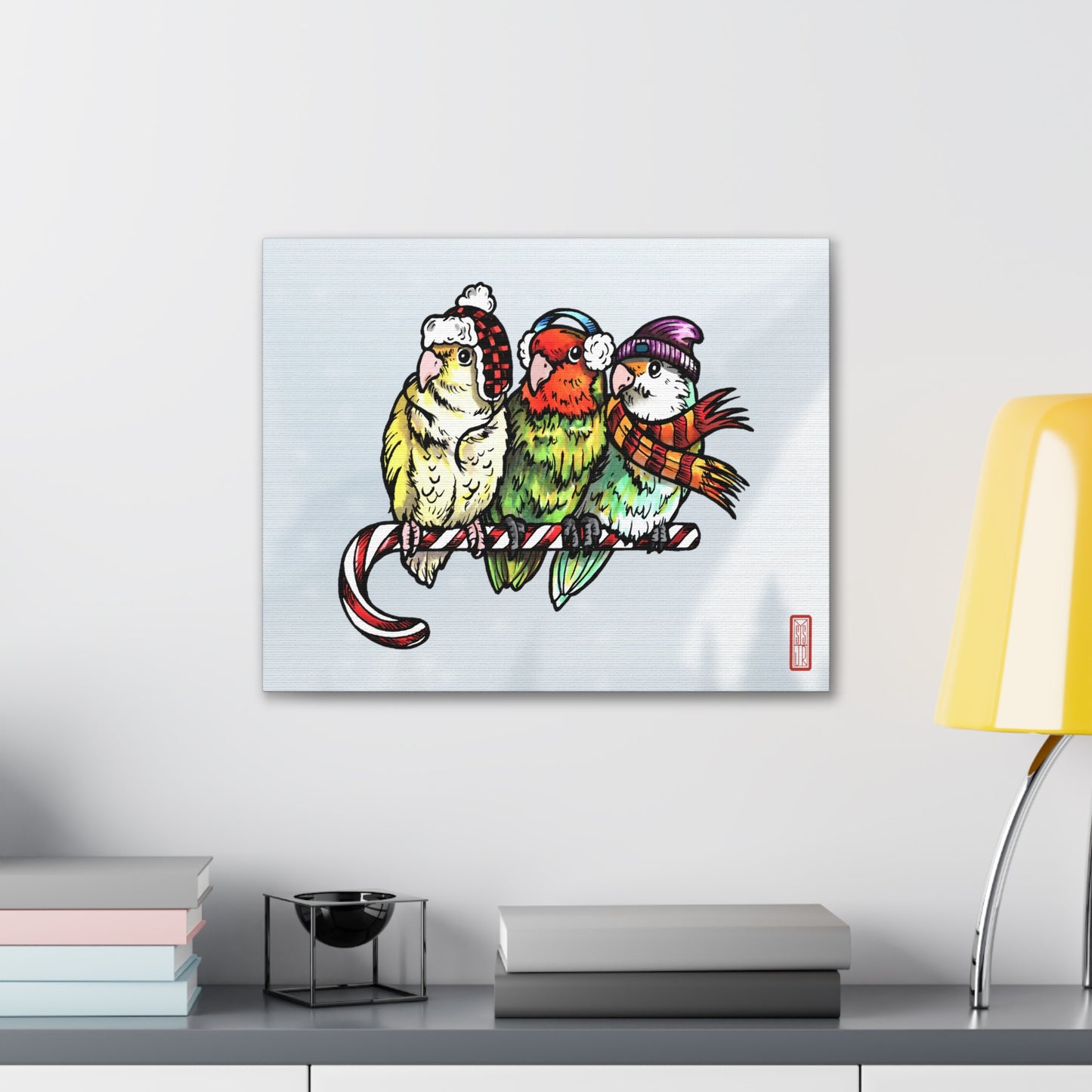 3 Lovebirds with Winter Wear & Perched on a Candy Cane, Canvas Wrap Wall Art