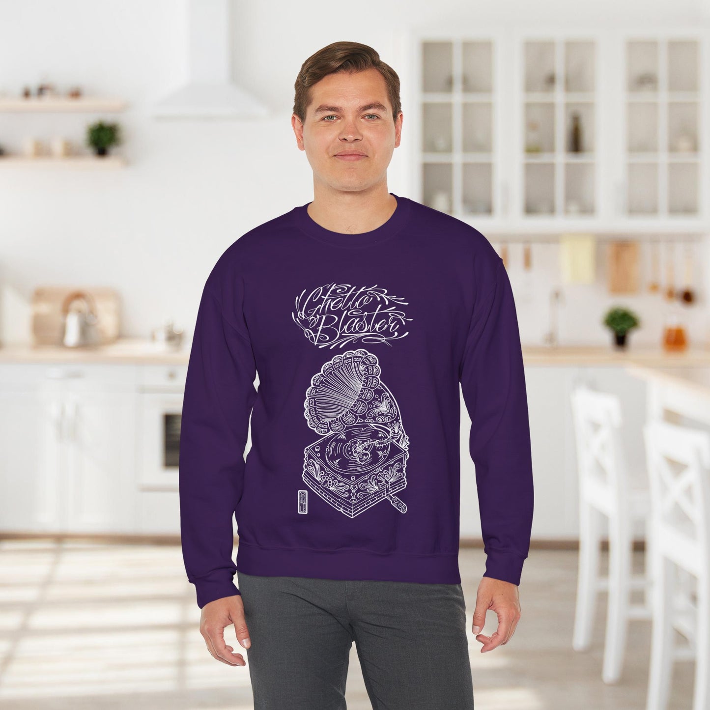 Ghetto Blaster, sudadera con cuello redondo y arte lineal